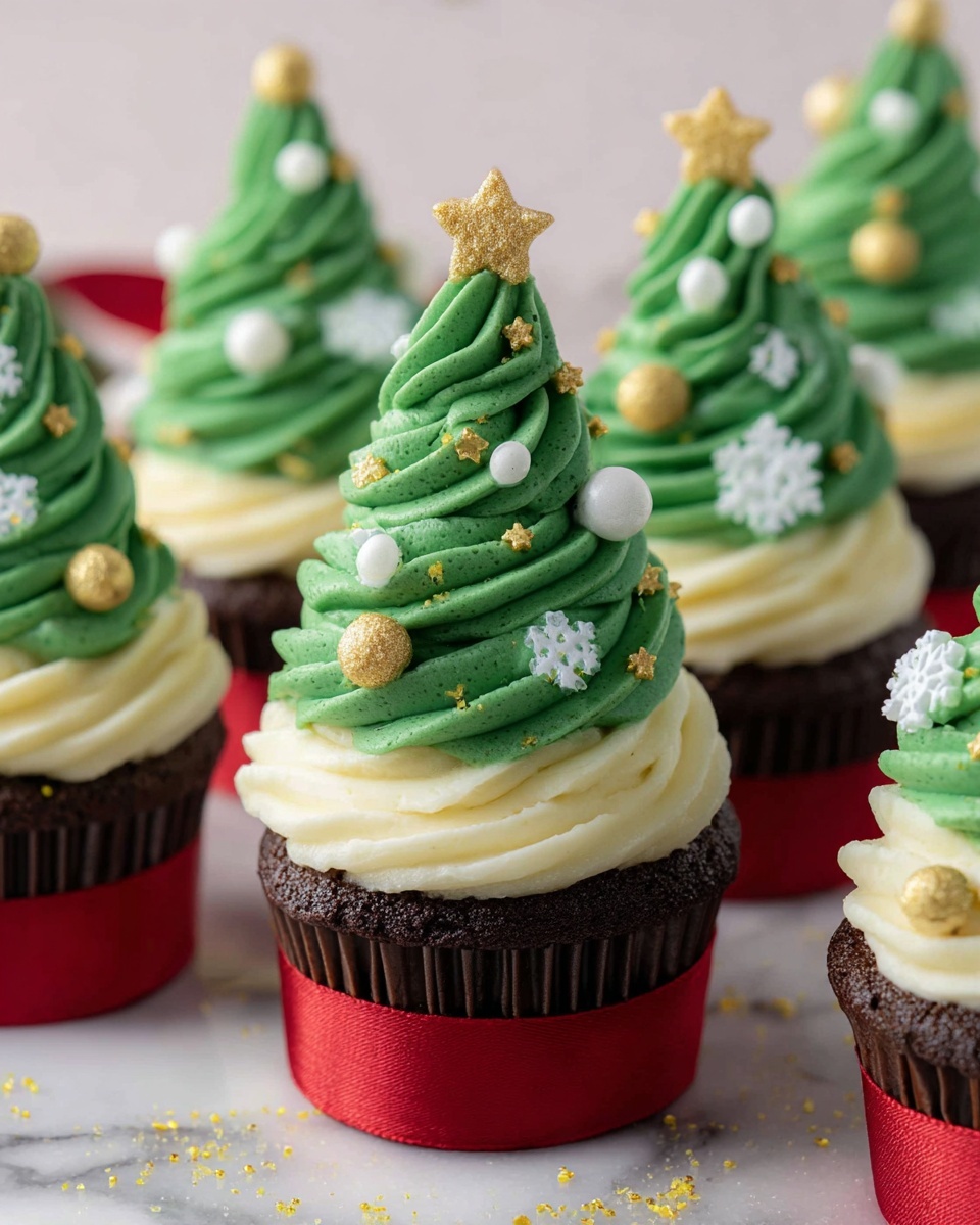 The image shows three chocolate cupcakes, each placed in dark brown liners, arranged on a wooden tray on a white marbled surface. Each cupcake has two layers of frosting: a smooth base layer of white cream topped by tall, thick swirls of green frosting shaped like Christmas trees. The green frosting is decorated with small white snowflake-shaped and round sprinkles, tiny golden star shapes, and golden round balls, with a larger golden ball on top of each cupcake. In the background, blurred red and gold Christmas ornaments add to the festive look. photo taken with an iphone --ar 4:5 --v 7
