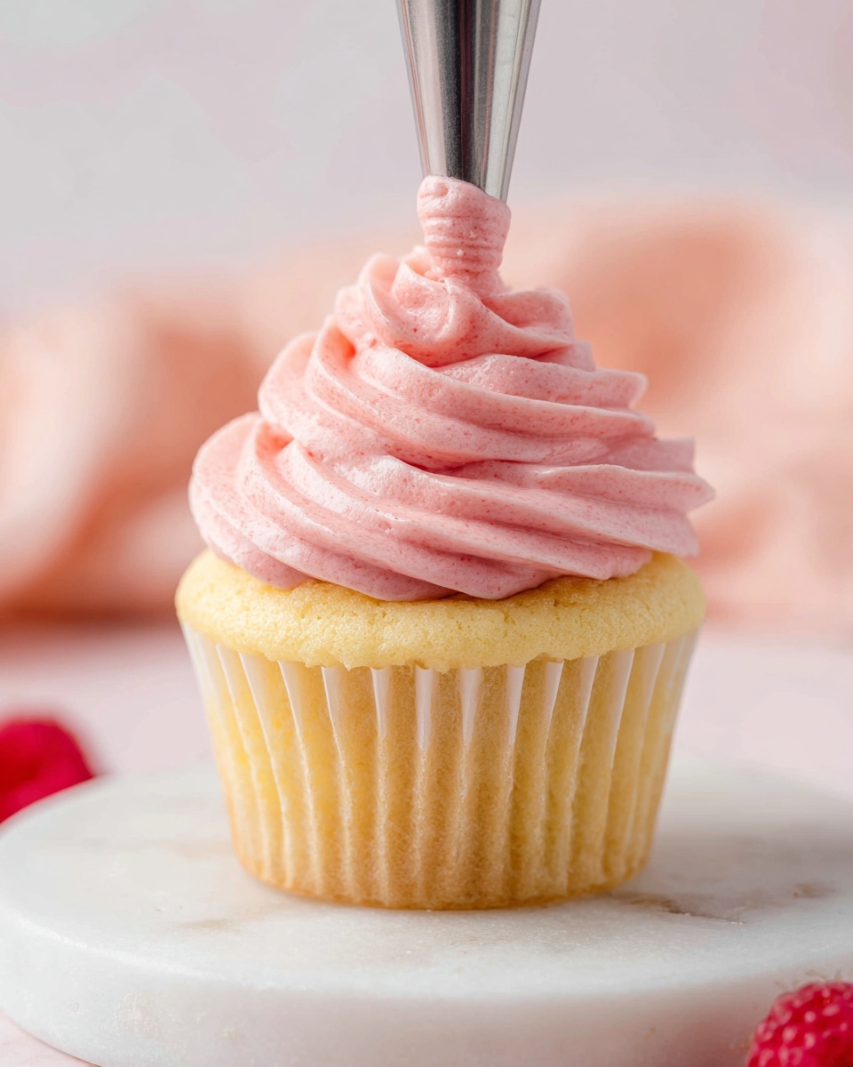 A single cupcake with a light golden yellow base wrapped in translucent paper, sitting on a round white marble surface. On top, there are three thick swirls of pink frosting, with the smallest swirl at the top, giving it a soft and fluffy look. Above the frosting, a metal tip is squeezing more of the same pink frosting, adding a small peak. In the blurred background, there is a soft pink cloth, and a hint of a red raspberry is visible at the bottom corner. photo taken with an iphone --ar 4:5 --v 7