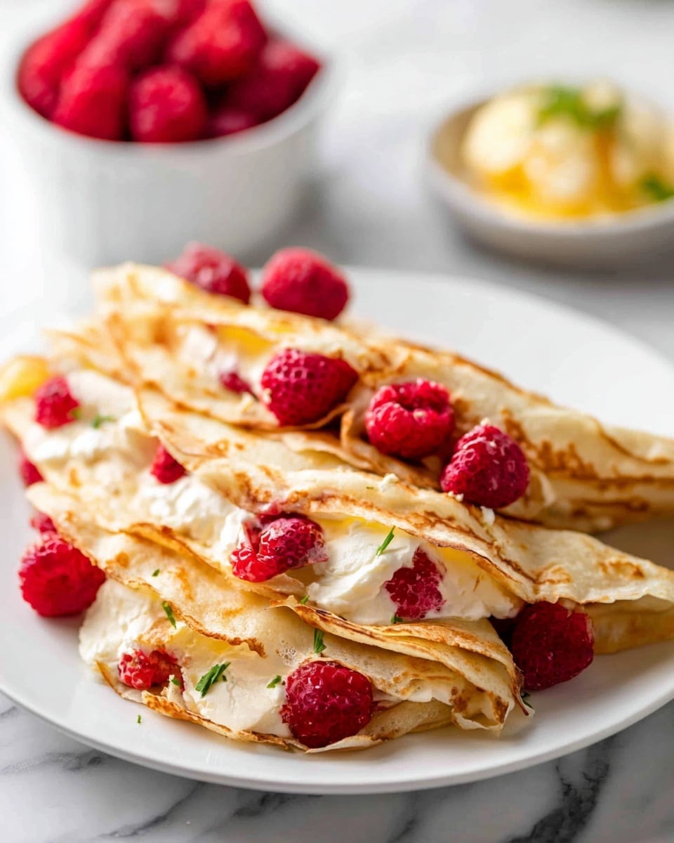A white plate holds three folded golden-brown crepes stacked closely, each filled with creamy white cheese and bright red raspberries peeking out from inside and scattered on top. The crepes have a soft texture with slight browning on the edges. In the blurred background, there is a white bowl filled with more red raspberries and a small round white dish holding a yellow mixture with a green garnish, all set on a white marbled surface. The photo taken with an iphone --ar 4:5 --v 7