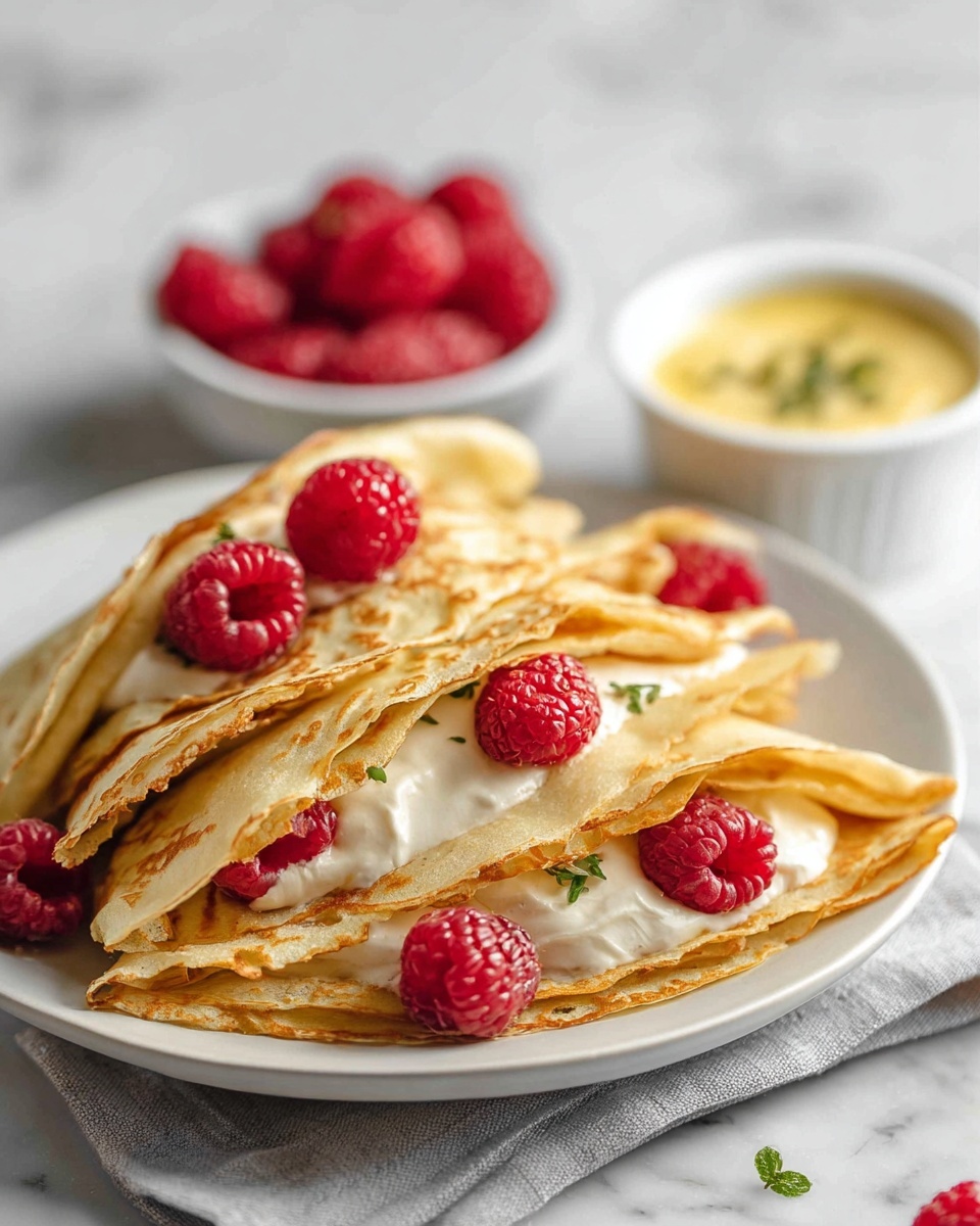 A white plate holds a stack of thin golden crepes folded into triangles, each filled with white creamy cheese and bright red raspberries placed inside and on top. The crepes have a soft and slightly crispy texture with light brown edges. In the background, there is a small white bowl with a few red raspberries and another small white bowl containing a yellow sauce with a green garnish, all set on a white marbled surface with a light gray cloth underneath. photo taken with an iphone --ar 4:5 --v 7