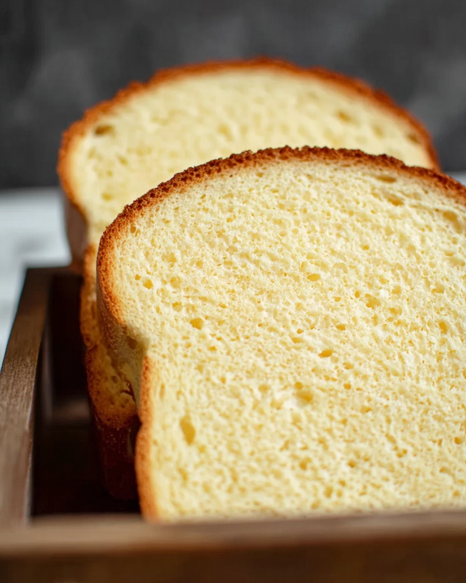 The image shows two slices of light yellow bread with a soft and porous texture, each slice having a golden-brown crust around the edges. The slices are placed upright in a wooden tray, with the foreground slice in sharp focus and the back slice slightly blurred. The background is dark and blurred, making the bread the main focus. The wooden tray surface has a matte finish and visible grain. The photo is set on a white marbled texture surface. photo taken with an iphone --ar 4:5 --v 7