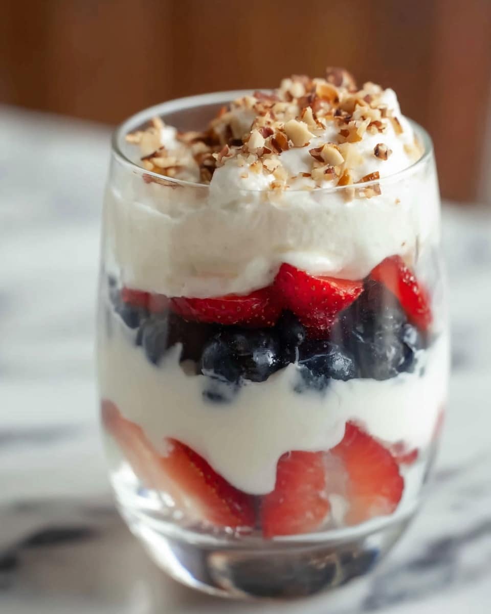 The image shows a close-up of a clear glass filled with a four-layer dessert. The bottom layer is creamy white, smooth in texture. Above it is a layer of sliced red strawberries, bright and fresh. The third layer is made of dark blue blueberries, round and firm. The top layer is whipped cream topped with small pieces of chopped nuts, light brown in color with a slightly rough texture. The glass is set against a background with a white marbled texture. Photo taken with an iphone --ar 4:5 --v 7