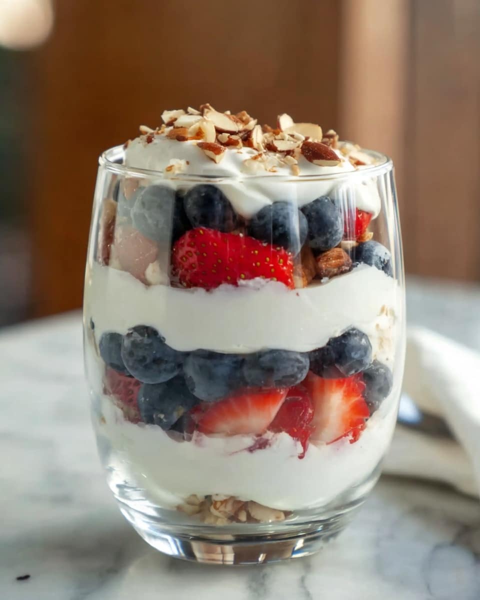 This image shows a clear glass filled with a layered dessert starting with a thick white creamy base at the bottom, followed by a layer of fresh blueberries and sliced strawberries mixed together. Above this is another layer of white cream, topped again with a mix of blueberries and strawberries. The final layer on top is white cream sprinkled with chopped nuts, adding a crunchy texture. The glass sits on a white marbled surface with a blurred light brown background. Photo taken with an iphone --ar 4:5 --v 7