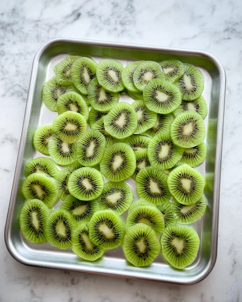 The image shows a metal tray filled with many thin slices of bright green kiwi fruit. The kiwi slices are spread out evenly in one layer, each piece showing the light green center with small black seeds arranged in a circle. The tray sits on a white marbled surface that adds a clean and fresh look to the scene. photo taken with an iphone --ar 4:5 --v 7