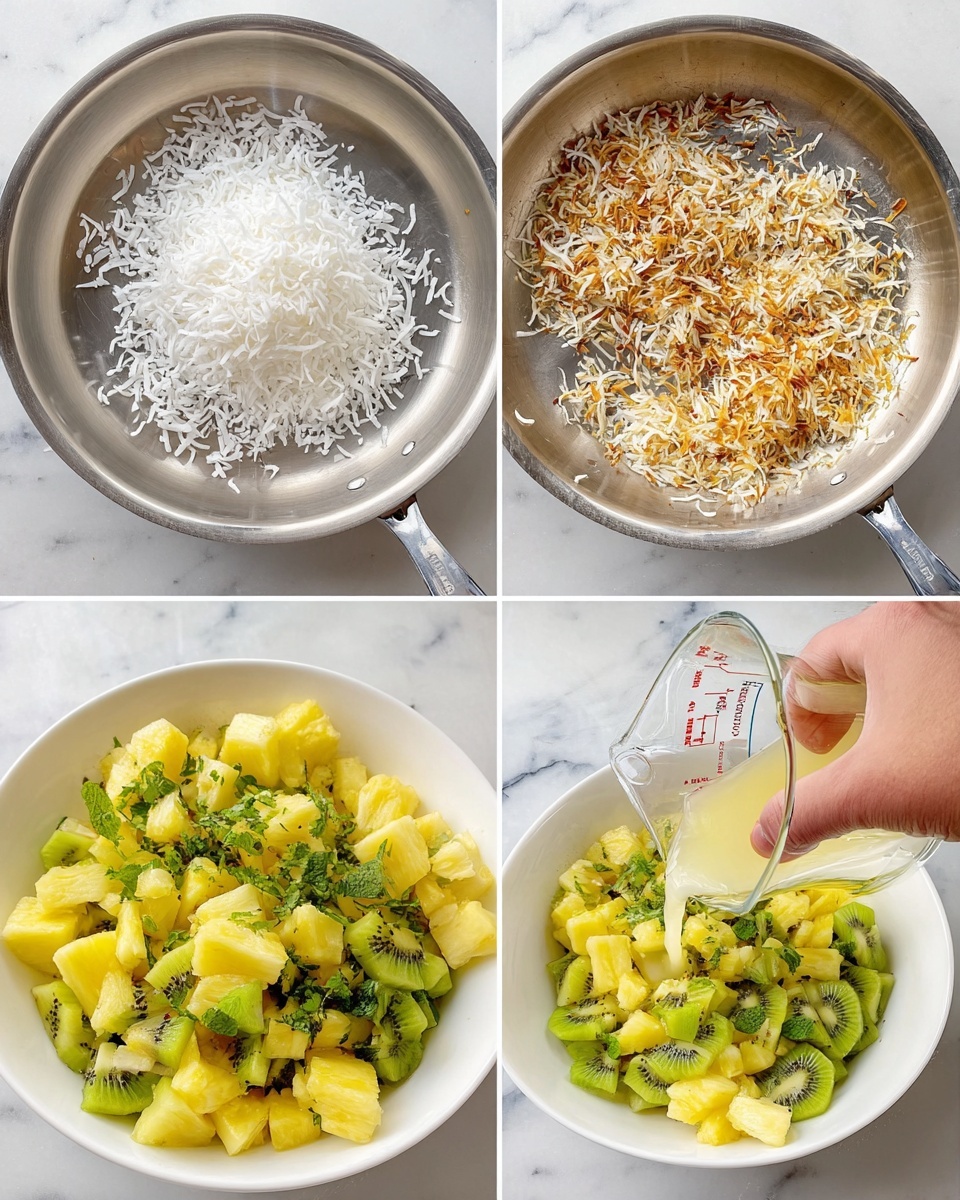 The first image shows a silver pan with a small pile of white shredded coconut in the center. The second image shows the same silver pan with the shredded coconut partially toasted to a golden brown color, scattered evenly across the pan. The third image shows a clear bowl filled with chunks of yellow pineapple and sliced green kiwi, topped with green chopped mint leaves, while a woman's hand is pouring a light yellow liquid over the fruit from a clear measuring cup. The fourth image shows a white bowl filled with the same mix of pineapple chunks and kiwi slices layered at the bottom, topped with toasted coconut sprinkled on top by a woman's hand, all set against a white marbled surface. Photo taken with an iphone --ar 4:5 --v 7