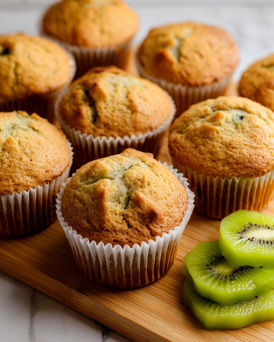 The image shows a group of golden brown muffins with slightly cracked tops, arranged closely together on a wooden surface. Each muffin is wrapped in a white paper liner, and the muffin tops have a soft, crumbly texture with some darker spots showing baked fruit pieces inside. To the right of the muffins, there are bright green slices of kiwi fruit, thinly cut and layered in a small stack. The whole scene is set on a white marbled surface. photo taken with an iphone --ar 4:5 --v 7