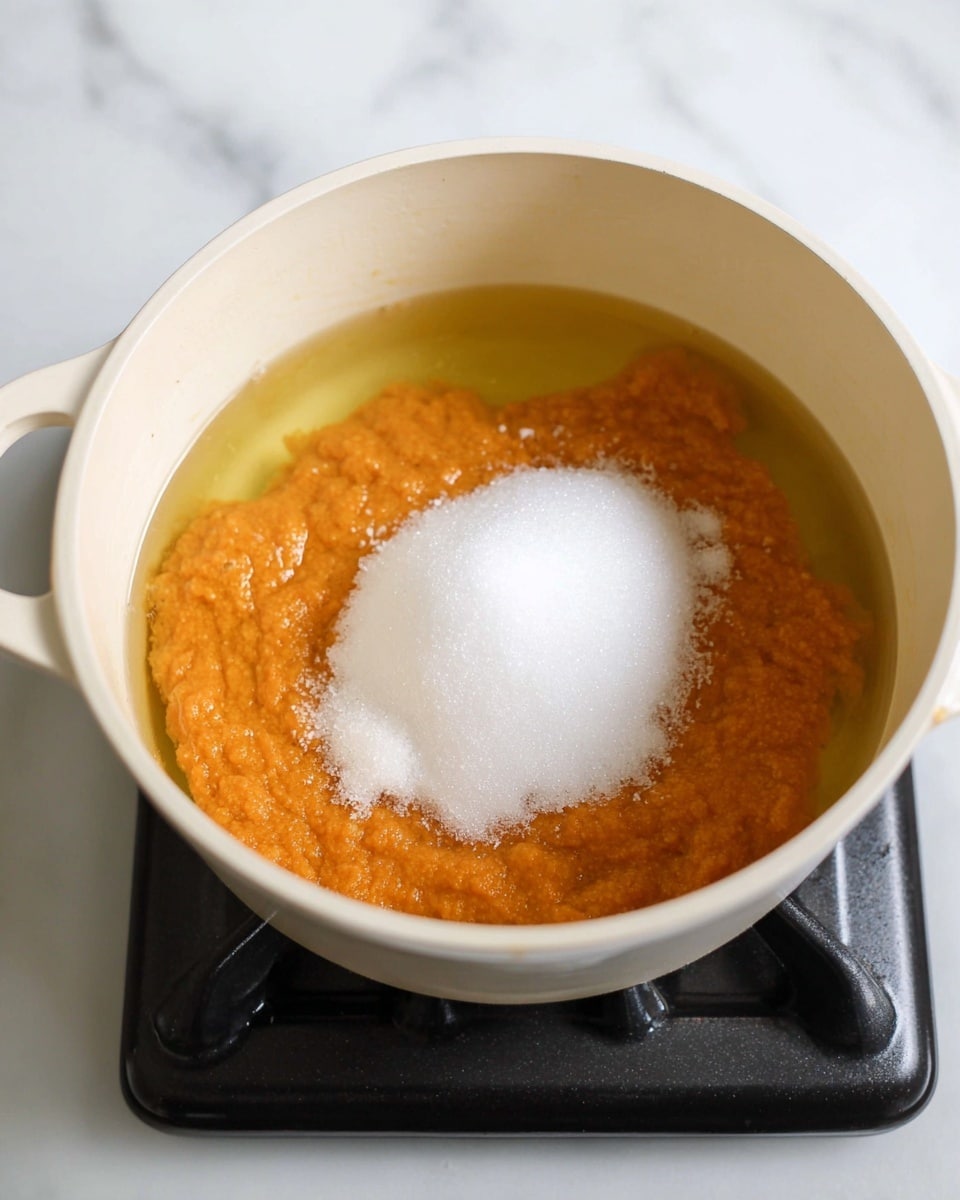 A white pot sits on a black stove on a white marbled surface. Inside the pot, there are multiple layers: an orange textured paste forming the base and sides, a clear golden liquid surrounding the paste, and a mound of white granular sugar piled in the center on top of the orange paste. The scene is lit brightly from above, showing the smooth and chunky textures within the pot. photo taken with an iphone --ar 4:5 --v 7