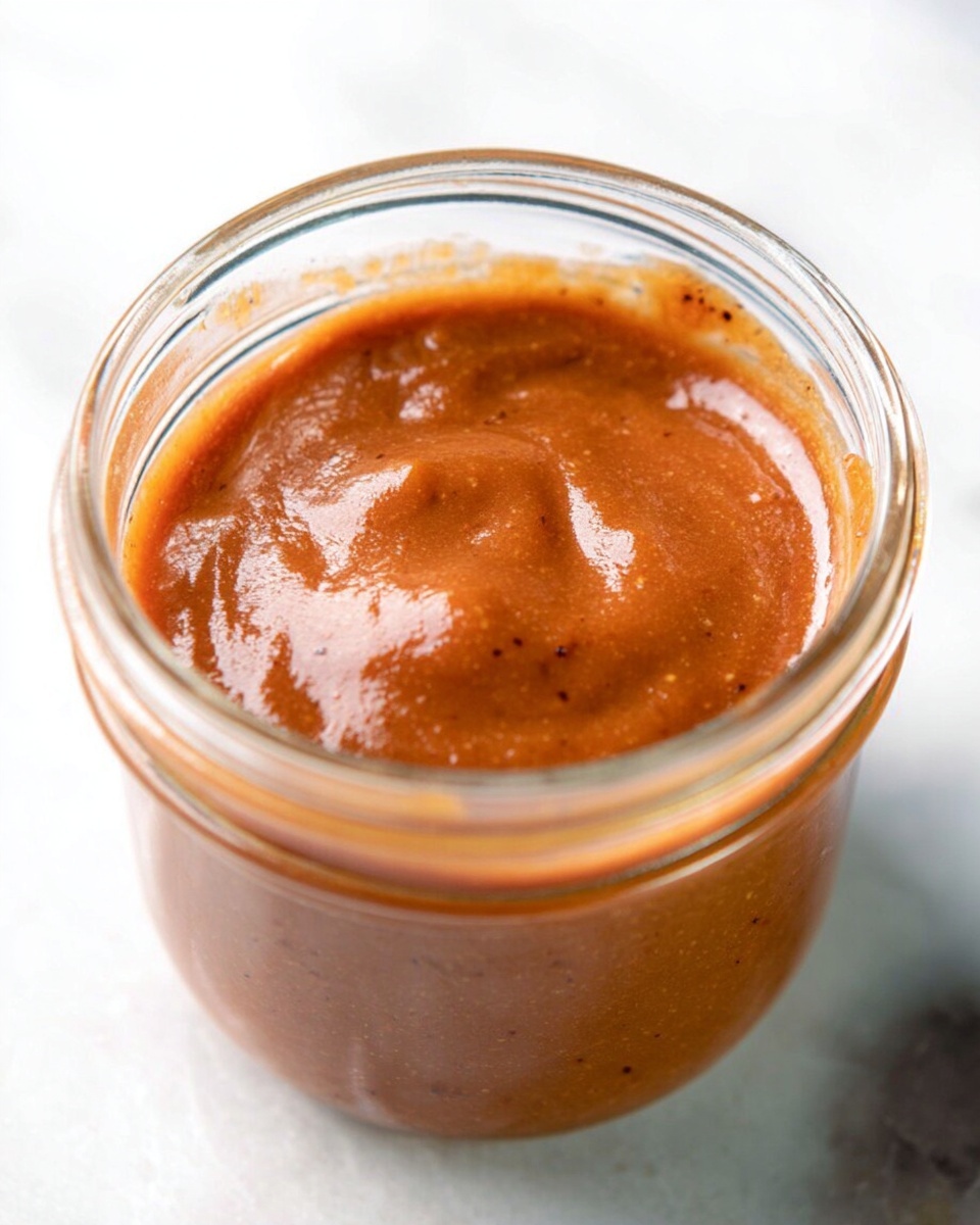 A clear glass jar filled with smooth, thick sauce that has a reddish-brown color with tiny dark specks throughout. The surface of the sauce shows a few shiny, wet spots and light swirls, suggesting a creamy texture. The jar is open and placed on a white marbled surface with a soft natural light highlighting the sauce’s glossy finish. Photo taken with an iphone --ar 4:5 --v 7