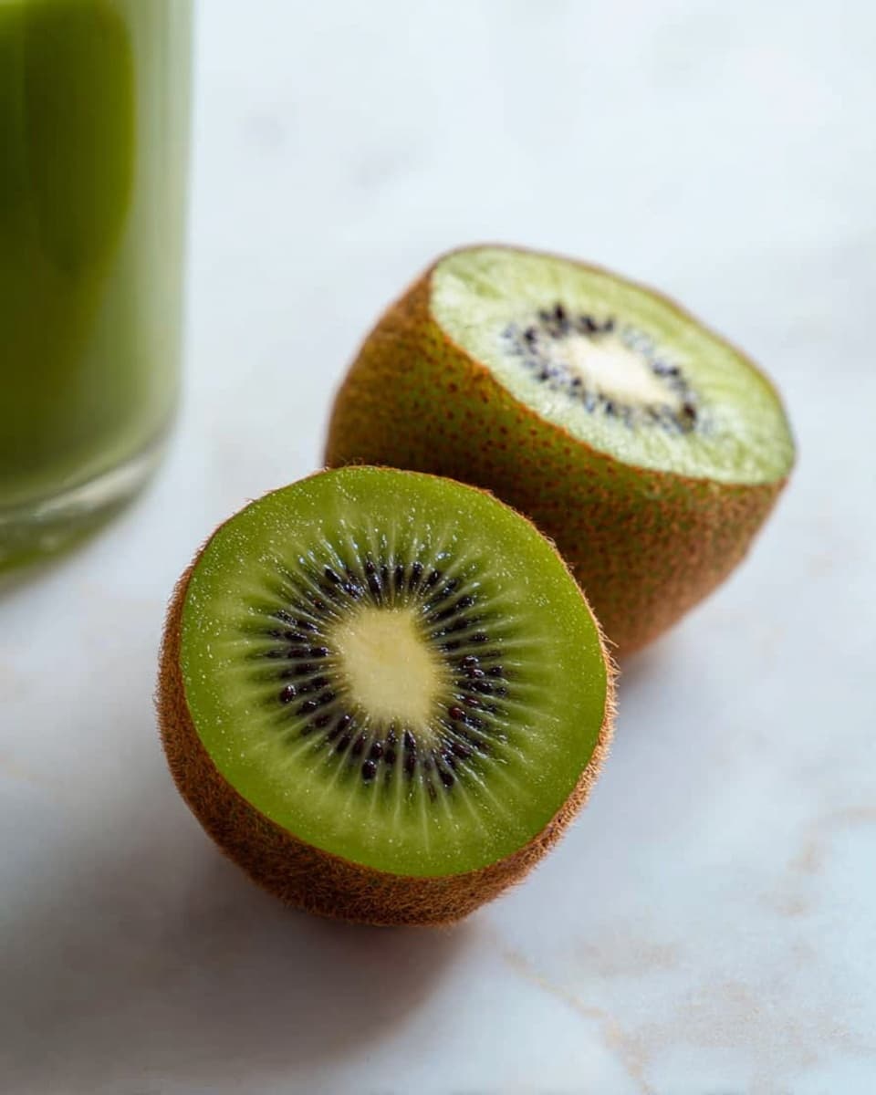 Two kiwi halves are placed on a white marbled surface. The kiwis show bright green flesh with a pattern of black seeds surrounding a lighter green center. The outer skin is brown and fuzzy, providing a rough texture contrast to the smooth inside. On the left side, a blurry glass with a green drink is partly visible. The lighting is soft, highlighting the natural colors and textures of the kiwi. photo taken with an iphone --ar 4:5 --v 7