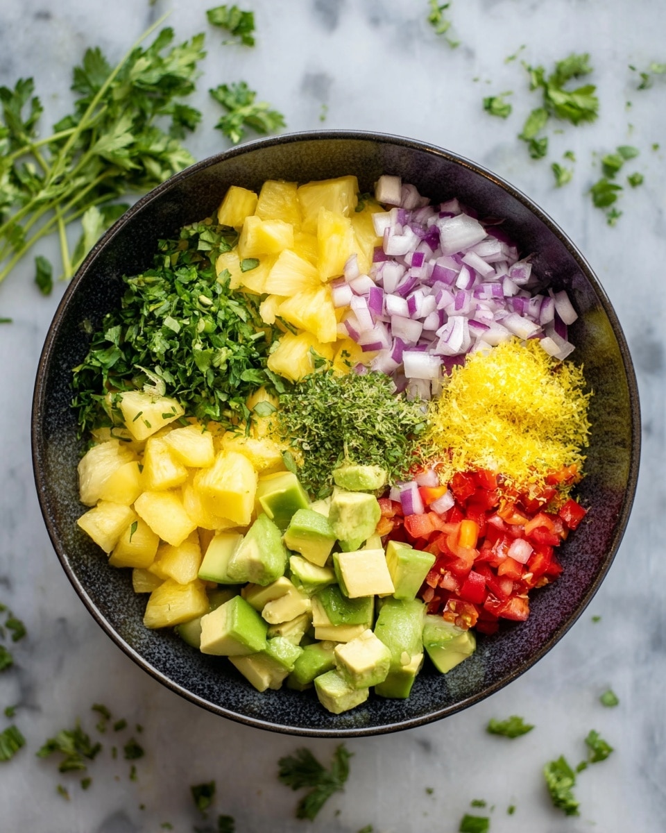 The image shows a dark bowl filled with seven different chopped ingredients arranged in sections. Starting from the top and moving clockwise, there is a layer of green chopped herbs, a layer of small purple and white onion pieces, a layer of bright yellow pineapple chunks, a pile of finely grated green zest, a section of small red pepper cubes, a section of light yellow kiwi pieces with tiny black seeds, and in the center, a pile of avocado chunks with a soft green color. The bowl sits on a white marbled surface with some scattered green herbs in the background. Photo taken with an iphone --ar 4:5 --v 7