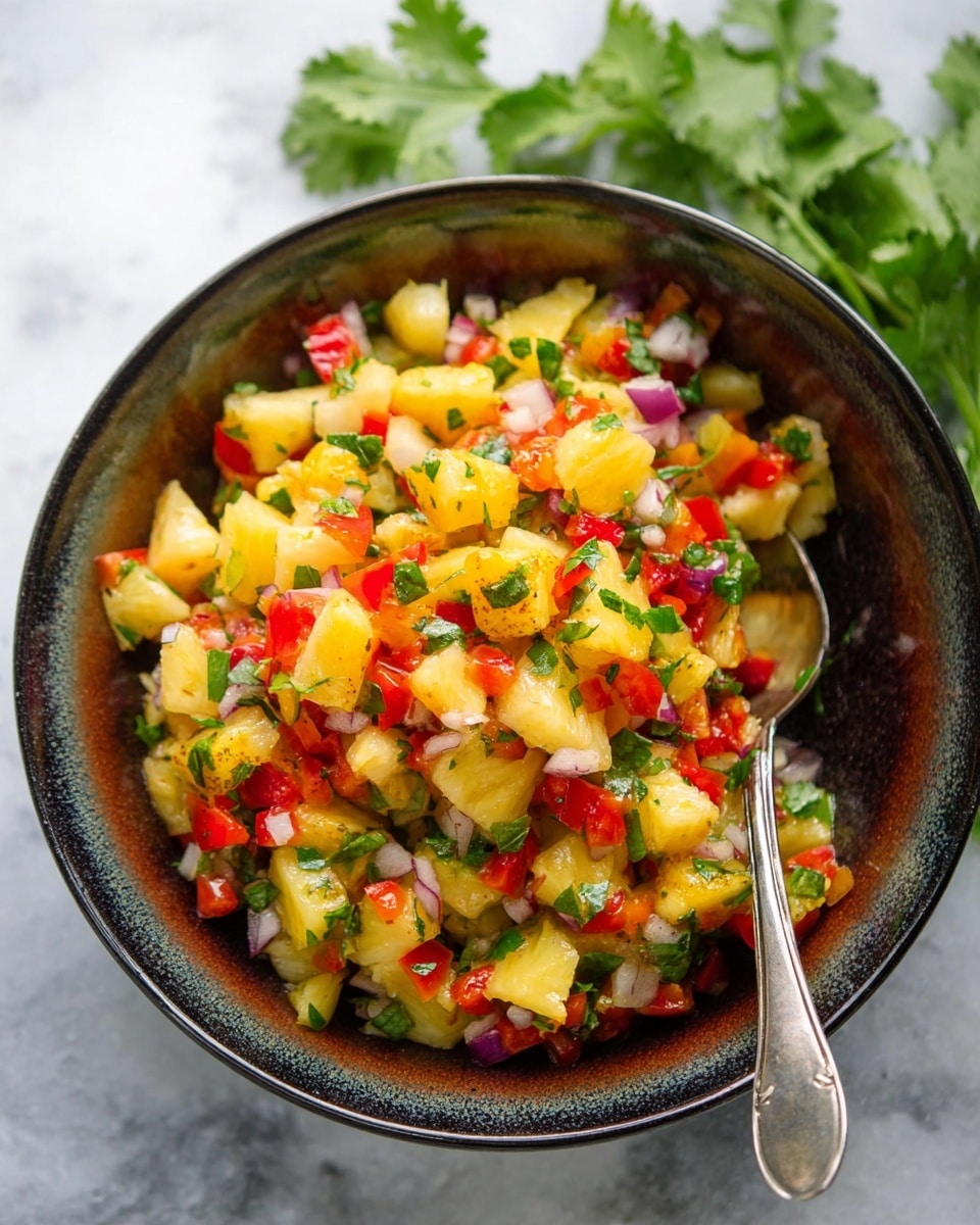 A bowl filled with a colorful salsa made of small chopped pieces of yellow pineapple, red bell peppers, green herbs, and white onions, all mixed together with a fresh texture. The bowl is dark with a gradient from brown to black and has a spoon resting on the right side, partially submerged in the salsa. The background shows a white marbled surface with some fresh green cilantro leaves scattered near the top. photo taken with an iphone --ar 4:5 --v 7