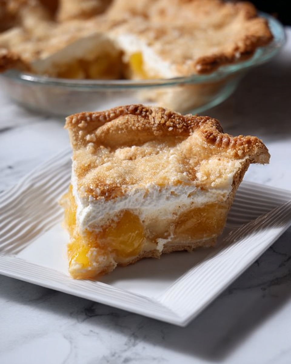 The image shows a slice of pie on a white square plate with ridged edges, placed on a white marbled surface. The pie slice has a golden, slightly shiny crust with a thick edge that looks flaky and well-baked. Inside, there are two distinct layers: a light, fluffy creamy layer on top with small crumbly bits, and a denser, yellow-orange fruit layer at the bottom that looks soft and juicy. The slice is cut cleanly, showing the clear separation between the crust, creamy layer, and fruit filling. In the background, the rest of the pie sits in a clear glass dish with a similar golden crust and visible fruit filling where the slice was taken. photo taken with an iphone --ar 4:5 --v 7