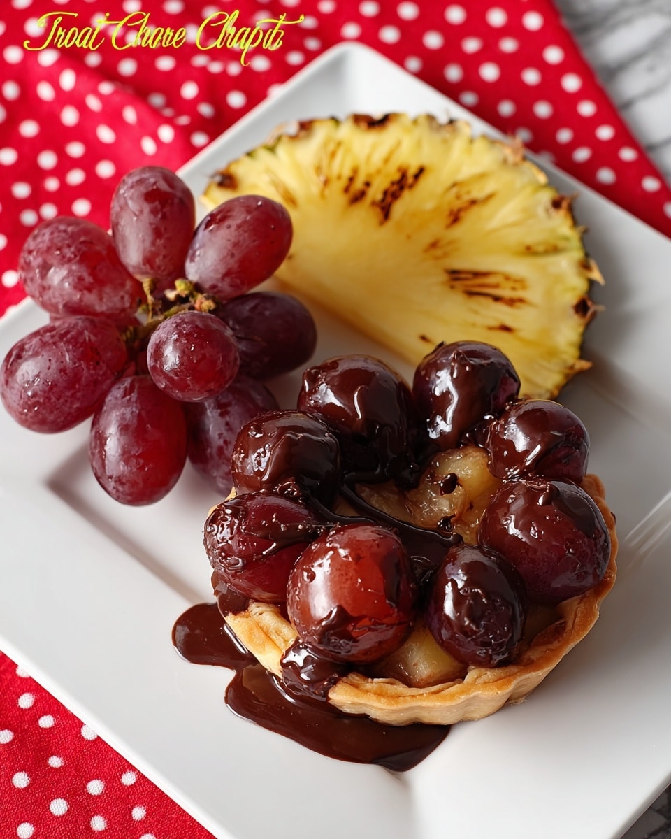 A white square plate with a small round tart at the center, topped with a layer of dark red grapes cut in half forming a ring around the edge of the tart, with a shiny dark chocolate sauce generously drizzled over the grapes and filling the middle. Inside the grape ring is a layer of visible fruit pieces covered in the chocolate sauce, showing different textures and shades of brown and yellow. Next to the tart is a pile of red grape bunch with small stems and a slice of yellow pineapple with charred edges. The plate sits on a white marbled surface, and the background has a red cloth with white polka dots. Photo taken with an iphone --ar 4:5 --v 7