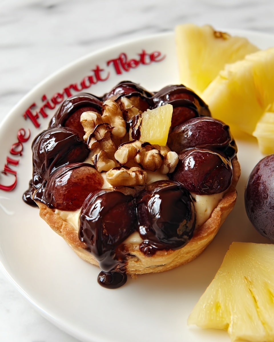 A small dessert tart sits on a white plate with a white marbled background. The tart has a light golden crust base, filled with a creamy layer that holds a mix of dark red grapes cut in halves arranged around the edge. In the center, there are pieces of brown walnuts and small yellow banana slices. The whole tart is drizzled with a thick, shiny dark chocolate sauce that flows slightly onto the white plate. On the right side of the plate, a few pieces of sliced pineapple and a whole dark red grape are visible. Photo taken with an iphone --ar 4:5 --v 7