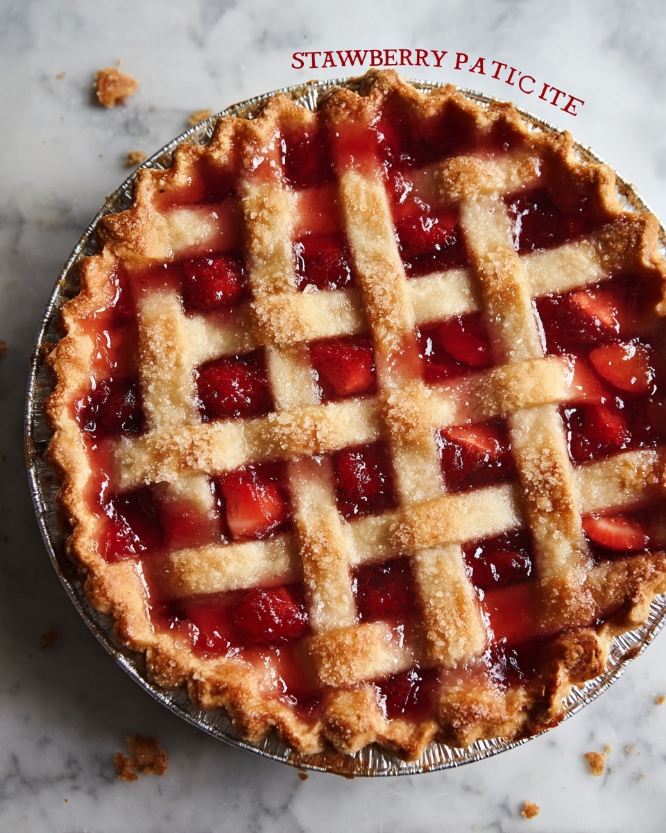 A round strawberry lattice pie with five wide, golden-brown crust strips woven over a red strawberry filling, showing some whole strawberries beneath the shiny, thick jam. The pie sits in a silver pie tin, placed on a white marbled surface with a few crumbs scattered around. The crust has a light sugar sprinkle, giving it a slightly rough texture in places. Photo taken with an iphone --ar 4:5 --v 7