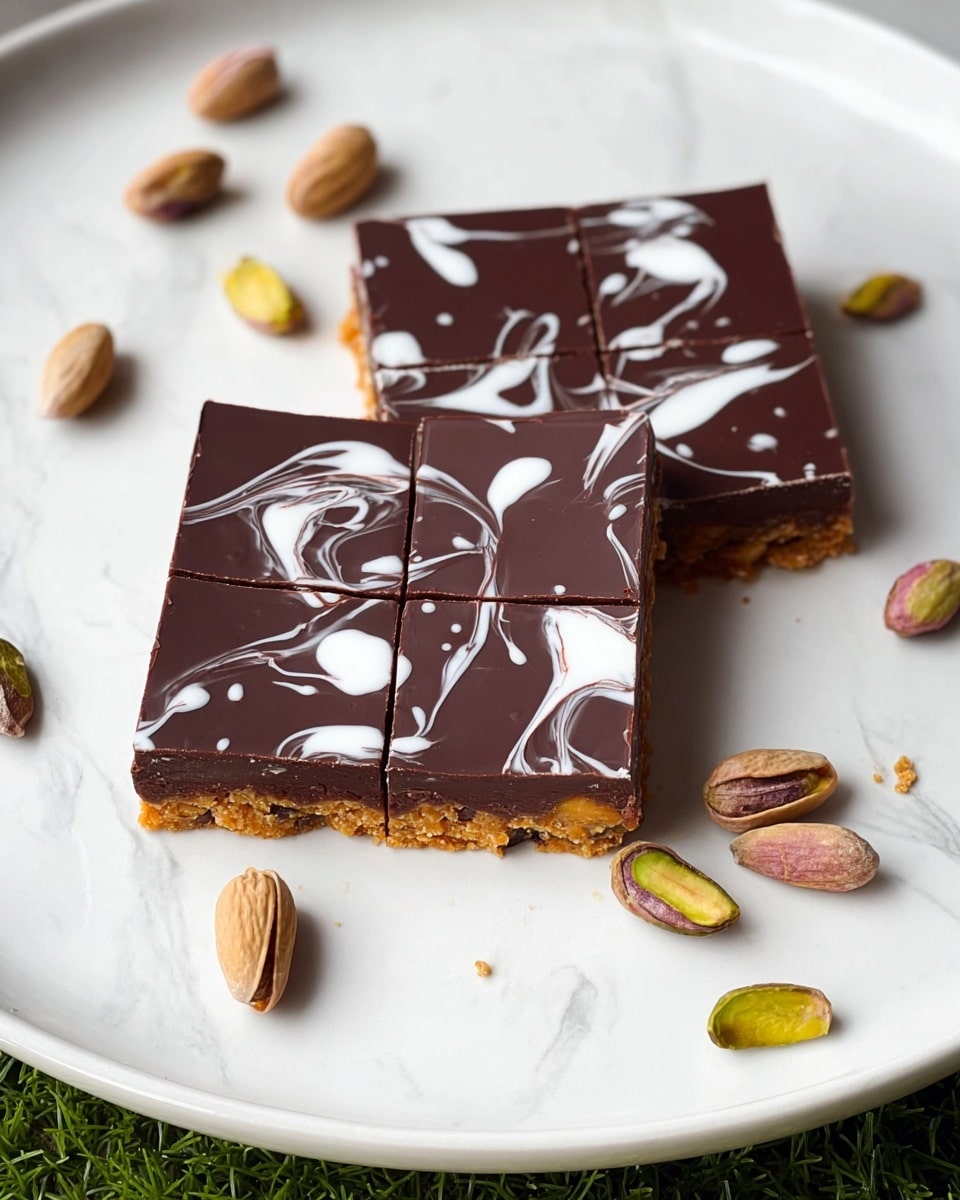 The image shows two square chocolate bars on a white plate with a white marbled texture background. Each chocolate bar is divided into four small squares with a smooth, dark chocolate top layer decorated with irregular white swirls and droplets that look like white chocolate or icing. Beneath the chocolate is a golden-brown crunchy or nutty base layer visible at the sides. Around the chocolate bars on the plate, there are several pistachio nuts, some in shells and some shelled, scattered casually. The green grass can be seen outside the plate's edge. photo taken with an iphone --ar 4:5 --v 7