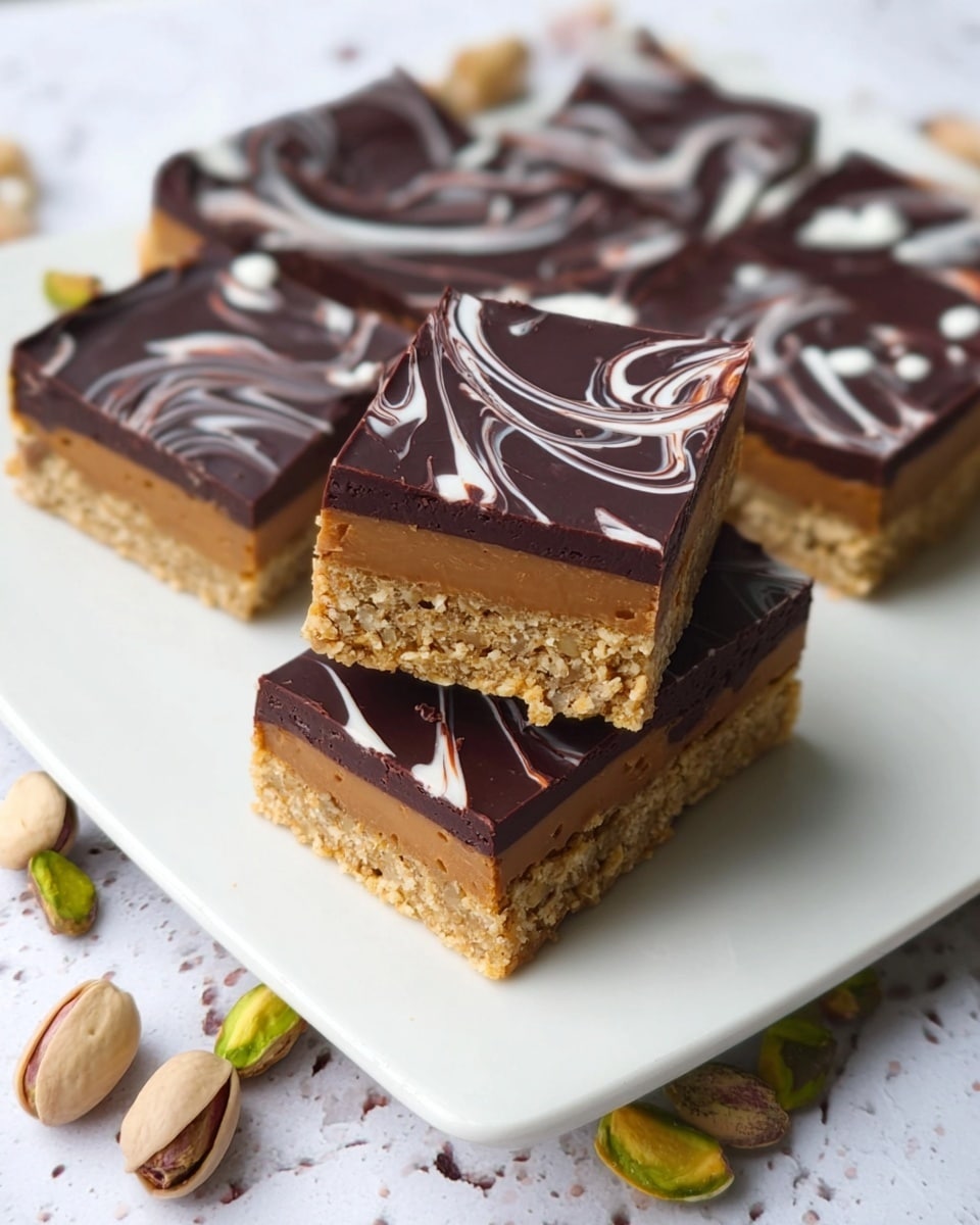 The image shows a white plate with a layered dessert cut into square pieces. The dessert has three visible layers: a thin base layer of dark chocolate, a thick middle layer of a crumbly light brown filling, and a smooth dark chocolate top layer decorated with white swirls and spots. One piece is stacked on top of another in the center of the plate, showing the layers clearly. There are whole and open pistachio nuts scattered around the plate on a white marbled surface in the background. Photo taken with an iphone --ar 4:5 --v 7