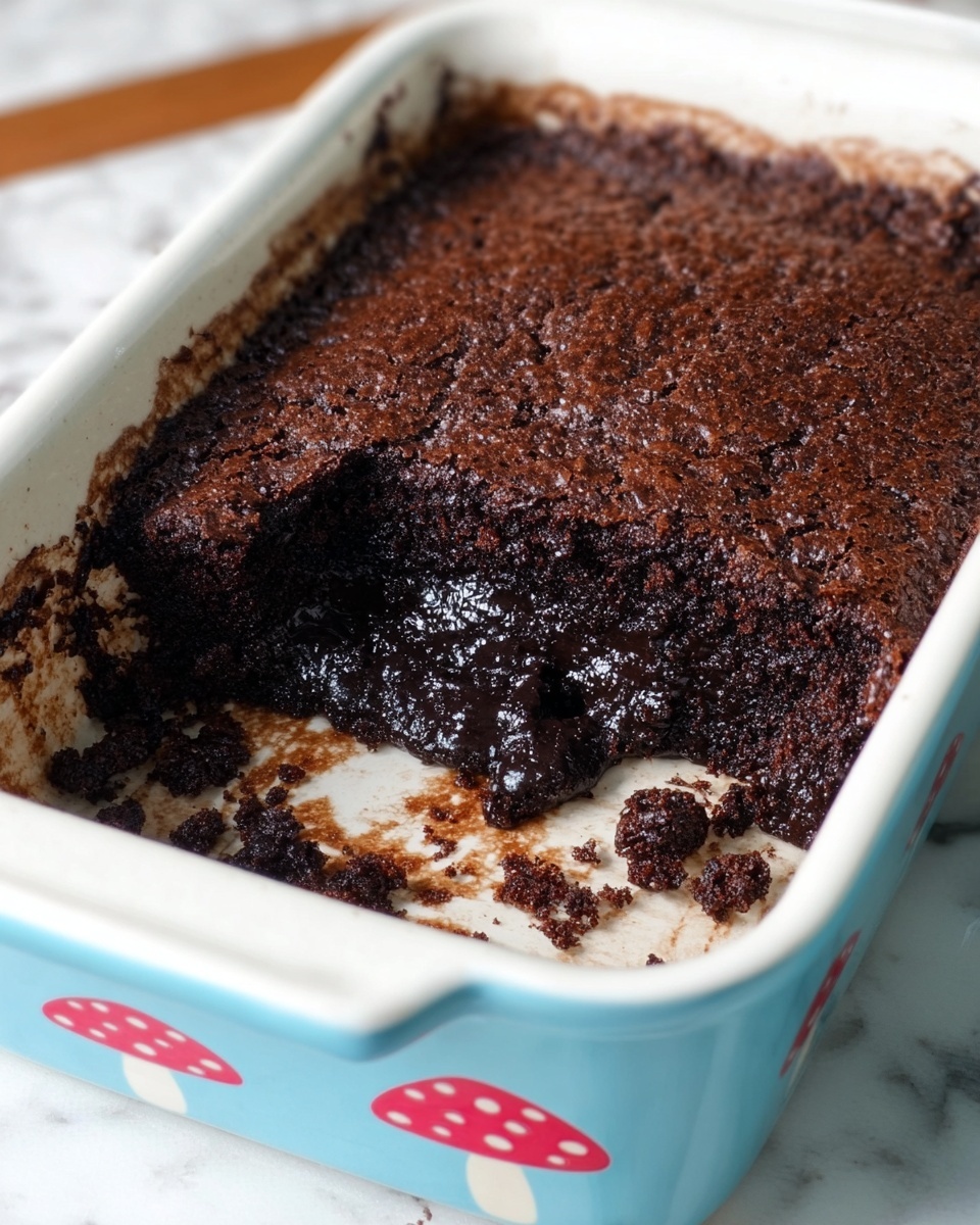 The image shows a ceramic baking dish filled with a dark brown baked chocolate dessert. The dessert has two visible layers: the top layer is a slightly cracked, dry, and firm chocolate crust, while the inside layer is a very moist, almost liquid dark chocolate base with a shiny texture. A portion of the dessert is scooped out from one corner, revealing the two-layer contrast with some crumbs stuck on the white ceramic surface of the dish. The baking dish is light blue on the outside with white inside and small red mushroom patterns near the rim. The dish is placed on a white marbled surface. photo taken with an iphone --ar 4:5 --v 7
