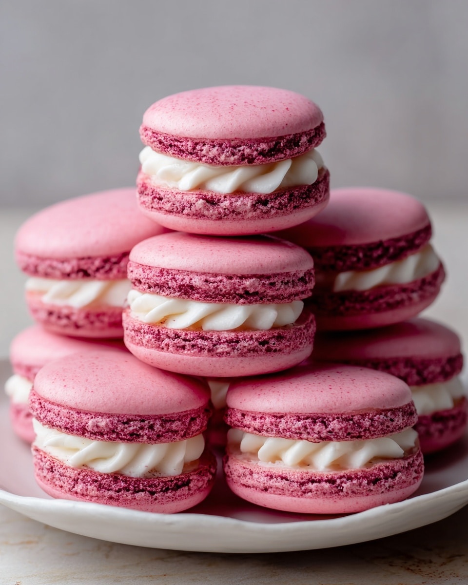 A stack of seven pink macarons is placed on a white plate with soft edges, sitting on a white marbled surface. Each macaron has two smooth, slightly shiny, light pink shells with a darker pink, textured edge that looks crumbly. In between the shells is a wavy layer of white cream filling, slightly thick and soft. The macarons are arranged in a small pile, some resting horizontally and others slightly tilted, showing different angles of the shells and filling. The photo taken with an iphone --ar 4:5 --v 7