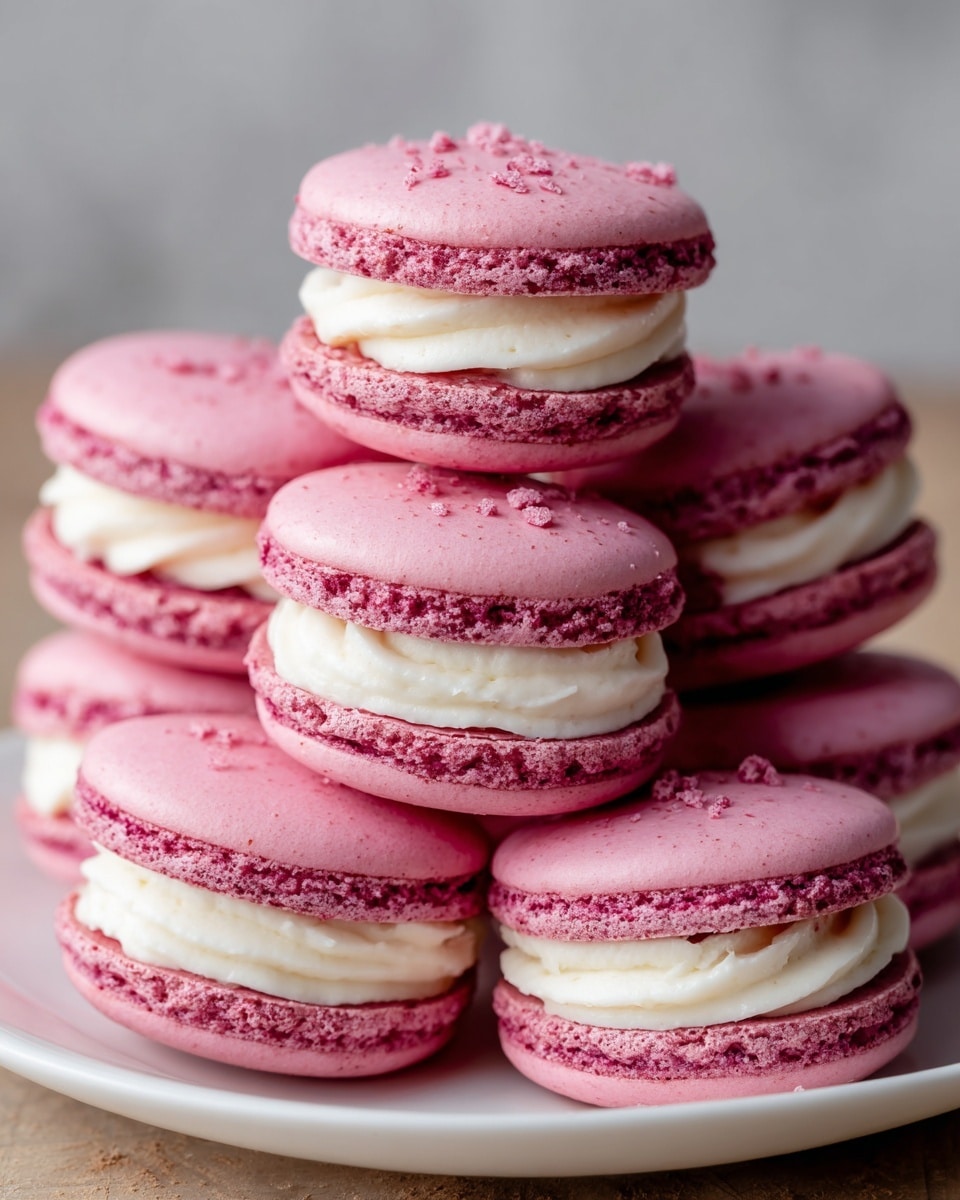 A close-up of a stack of seven pink macarons arranged on a white plate sitting on a white marbled surface. Each macaron has two smooth, round pink shells with a slightly textured edge, sandwiching a thick layer of creamy white filling in the middle. The pink shells have a few small crumbs on top, and the filling is slightly swirled, giving a soft, rich look. The macarons are piled in a casual way, with one macaron resting on top and others leaning around it, showing their layers clearly. Photo taken with an iphone --ar 4:5 --v 7