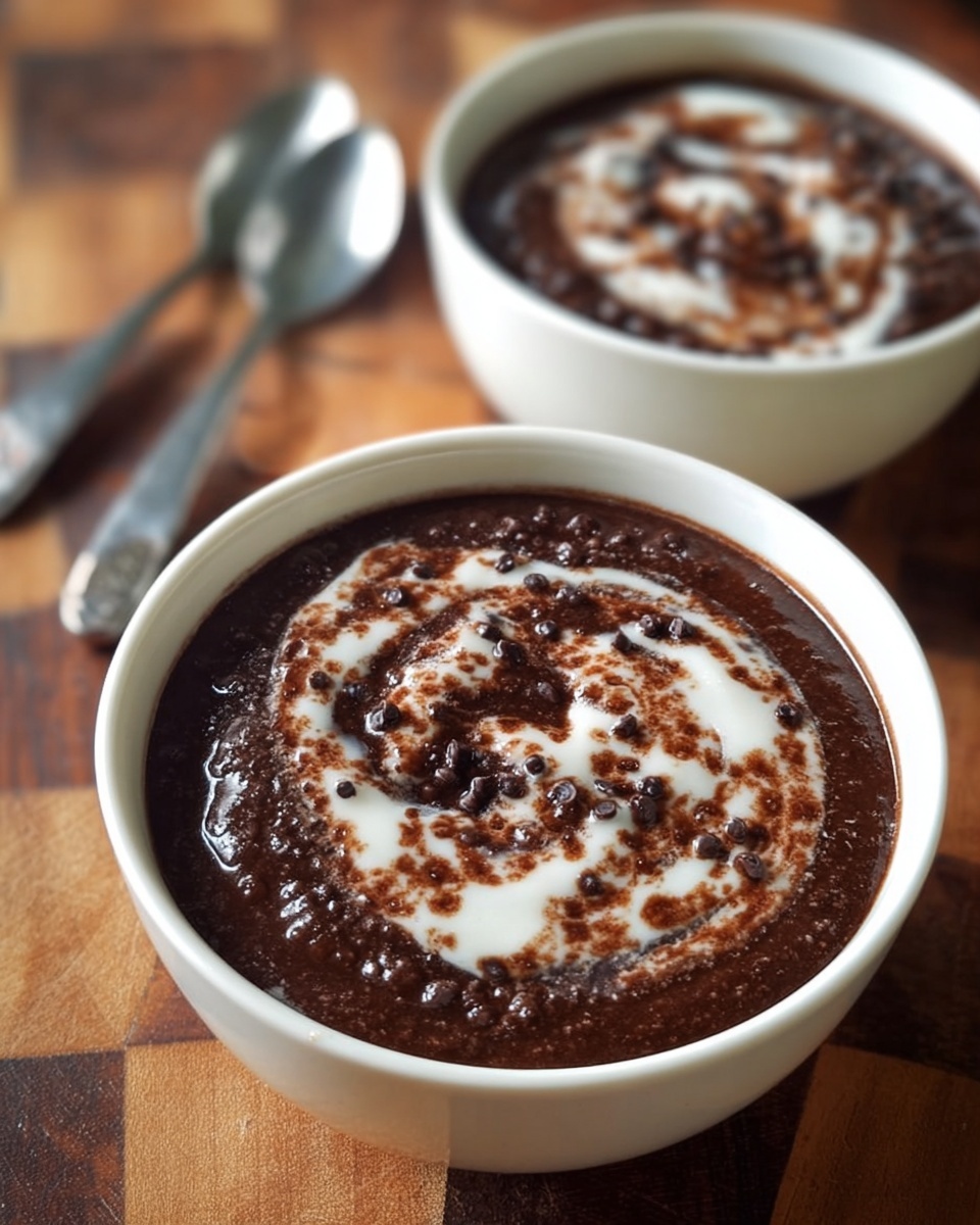 Two white bowls filled with thick dark brown chocolate dessert with a visible swirl of white cream on top, creating a marbled pattern. The dessert looks smooth with some small textured bits spread throughout. The bowls sit on a wooden checkered surface with two shiny metal spoons placed nearby. The focus is on the closest bowl, showing the detailed texture and swirl of cream. photo taken with an iphone --ar 4:5 --v 7