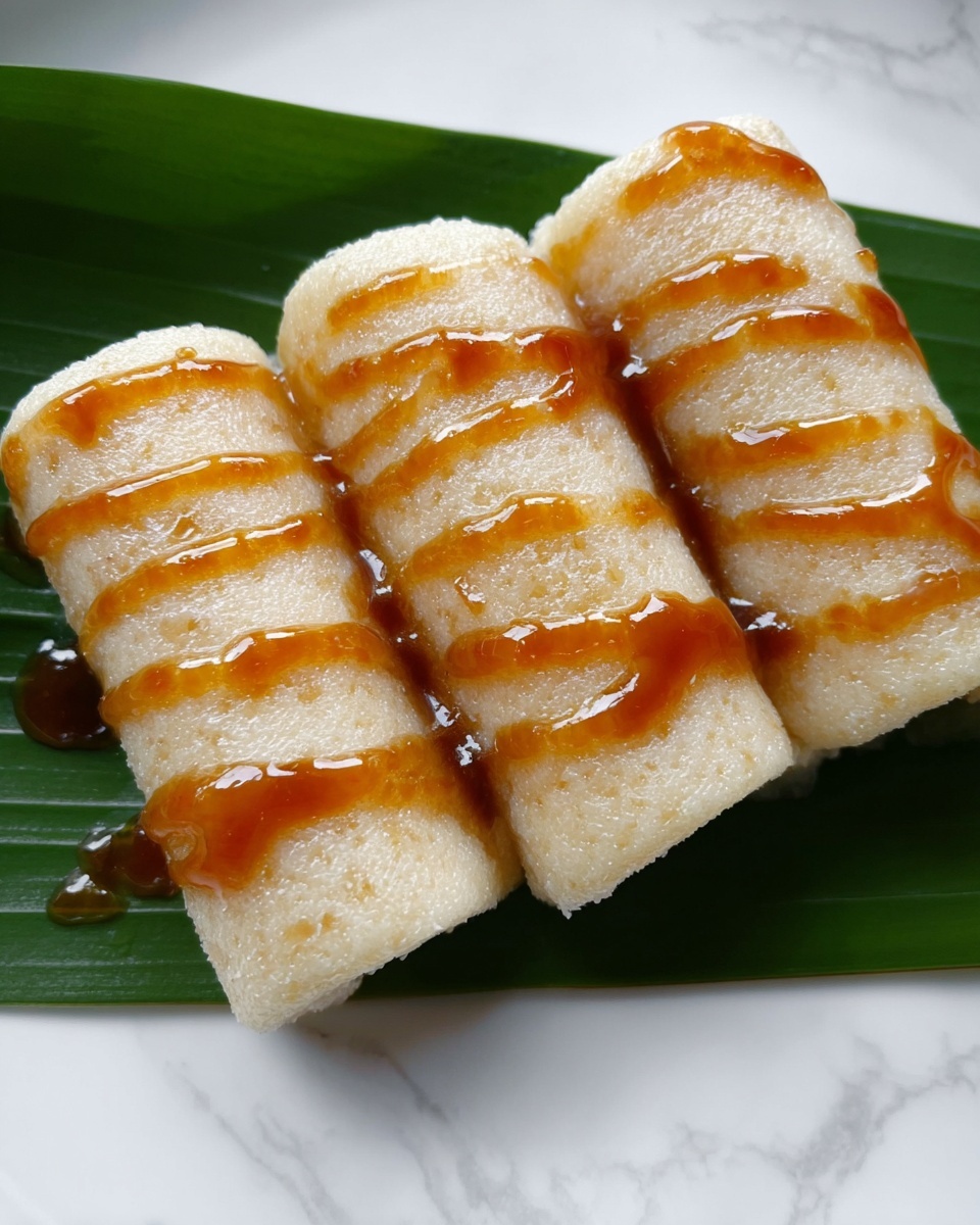 Three light beige, soft textured rolls are placed side by side on a dark green leaf that lies on a white plate. Each roll is lightly drizzled with a shiny, amber-brown syrup in uneven horizontal lines, giving a slightly glossy look to the surface. The background is a white marbled texture. The image is clear and detailed, with a natural light feel. photo taken with an iphone --ar 4:5 --v 7