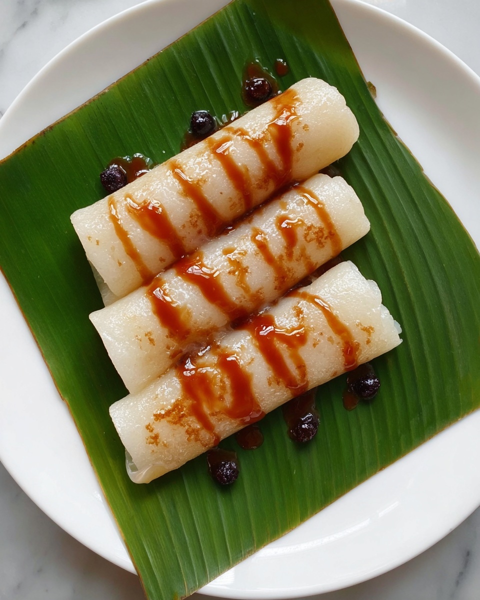 Three rolled sticky rice cakes lie side by side on a green banana leaf, which is placed on a white plate. Each rice roll is pale and slightly translucent with a soft, sticky texture. Drizzled evenly across the tops of the rolls is a glossy brown sauce, adding a shiny look and a contrast of color. Small dark round beans or seeds are scattered underneath the rolls on the banana leaf, visible between the gaps. The white plate rests on a white marbled surface. photo taken with an iphone --ar 4:5 --v 7