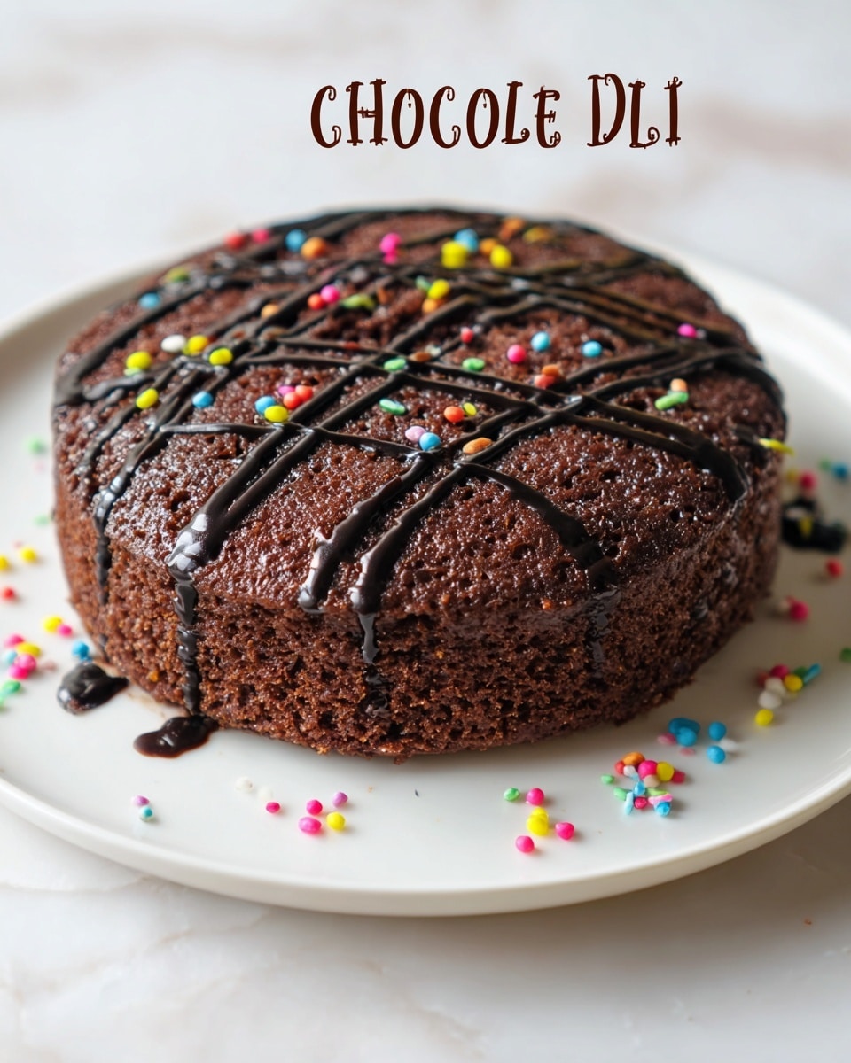 A round, dark brown chocolate idli cake sits in the center of a white plate on a white marbled surface. The cake has a soft, slightly crumbly texture with three thick black chocolate drizzle lines crossing over the top. Multicolored small round sprinkles are scattered both on the cake and around it on the plate, adding bright pops of red, yellow, green, blue, and pink. The plate features a simple, clean design with no other decorations. photo taken with an iphone --ar 4:5 --v 7