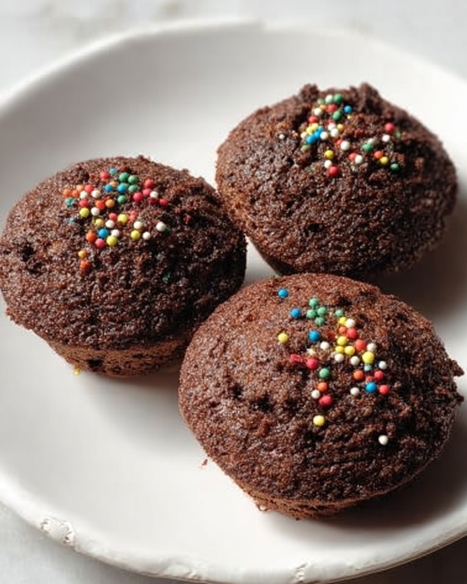 Three round chocolate muffins with rough, crumbly tops sit on a white plate with a slight textured edge. Each muffin has small, colorful round sprinkles on top, mainly red, yellow, green, blue, and white, clustered in the center. The muffins have a dark brown color and soft-looking texture. The plate rests on a white marbled surface. photo taken with an iphone --ar 4:5 --v 7