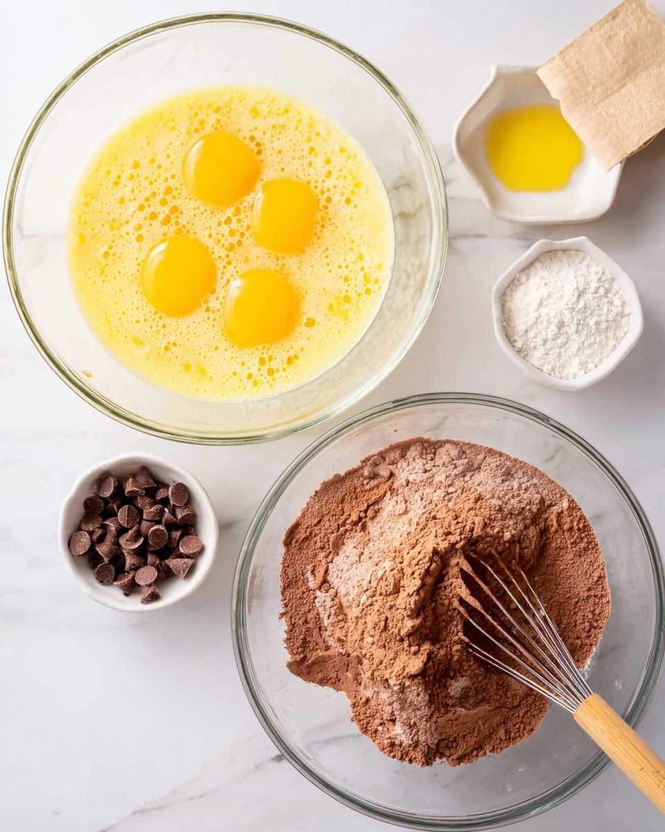The image shows two glass mixing bowls on a white marbled surface. In the left bowl, there are four egg yolks surrounded by a pale yellow liquid, with bubbles on the surface. A small white dish with a yellow powder and a beige bag of flour are placed nearby on the top right of the left bowl, and a small white bowl of chocolate chips is below it. In the right bowl, a mound of light brown flour or cocoa powder sits on top of the yellow liquid mixture, being stirred with a wooden whisk. The small white bowl of chocolate chips remains in the same position below the bowl. photo taken with an iphone --ar 4:5 --v 7