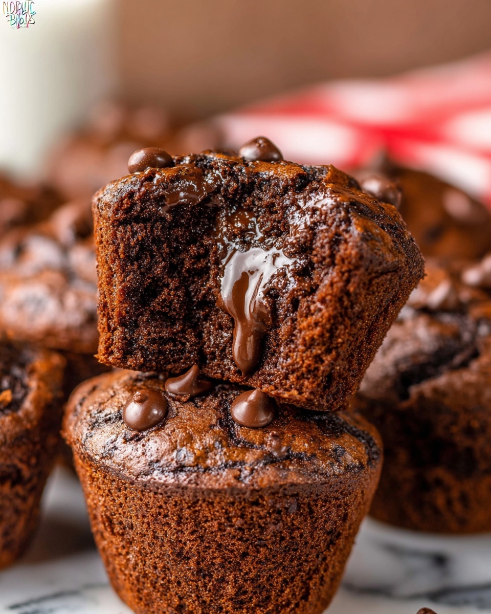 The image shows a close-up of a stack of rich chocolate muffins with a white marbled texture background. The top muffin is broken in half, revealing its moist, dark chocolate inside with melted chocolate running down the middle. The muffins have a slightly cracked top surface with shiny chocolate chips scattered on them, giving a soft and dense texture look. The muffins sit close together, showing their dark brown color and fluffy texture, highlighted by soft lighting that enhances the deep chocolate tones. photo taken with an iphone --ar 4:5 --v 7