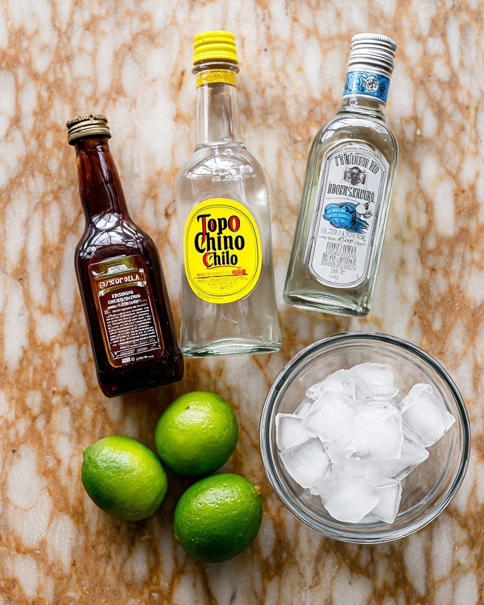 The image shows a group of drink ingredients placed on a white marbled surface. From left to right, there is a brown bottle of organic agave nectar with a dark brown cap, a clear glass bottle of Topo Chico mineral water with a yellow label and cap, and a clear glass bottle of Jose Cuervo Especial silver tequila with a white and blue label and a silver cap. Below the bottles, there are three bright green limes arranged closely together. To the right of the limes, there is a small clear glass bowl filled with clear ice cubes. Photo taken with an iphone --ar 4:5 --v 7
