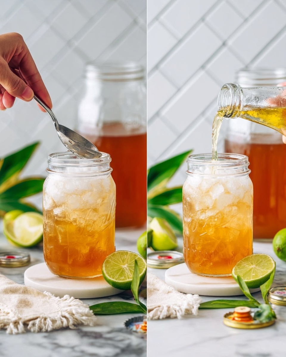 The image shows a clear glass jar filled with light amber iced tea layered with ice cubes, placed on a white coaster on a white marbled surface. In the left side image, a woman's hand stirs the drink with a silver spoon, while in the right side image, a clear bottle pours a fizzy liquid into the jar. Behind the glass jar, there is a larger glass container filled with the same amber liquid and ice. Around the drink, there is a lime cut into wedges, green leaves, a white fringed cloth, and two bottle caps on the white marbled surface. The background features a white tiled wall in a herringbone pattern. Photo taken with an iphone --ar 4:5 --v 7