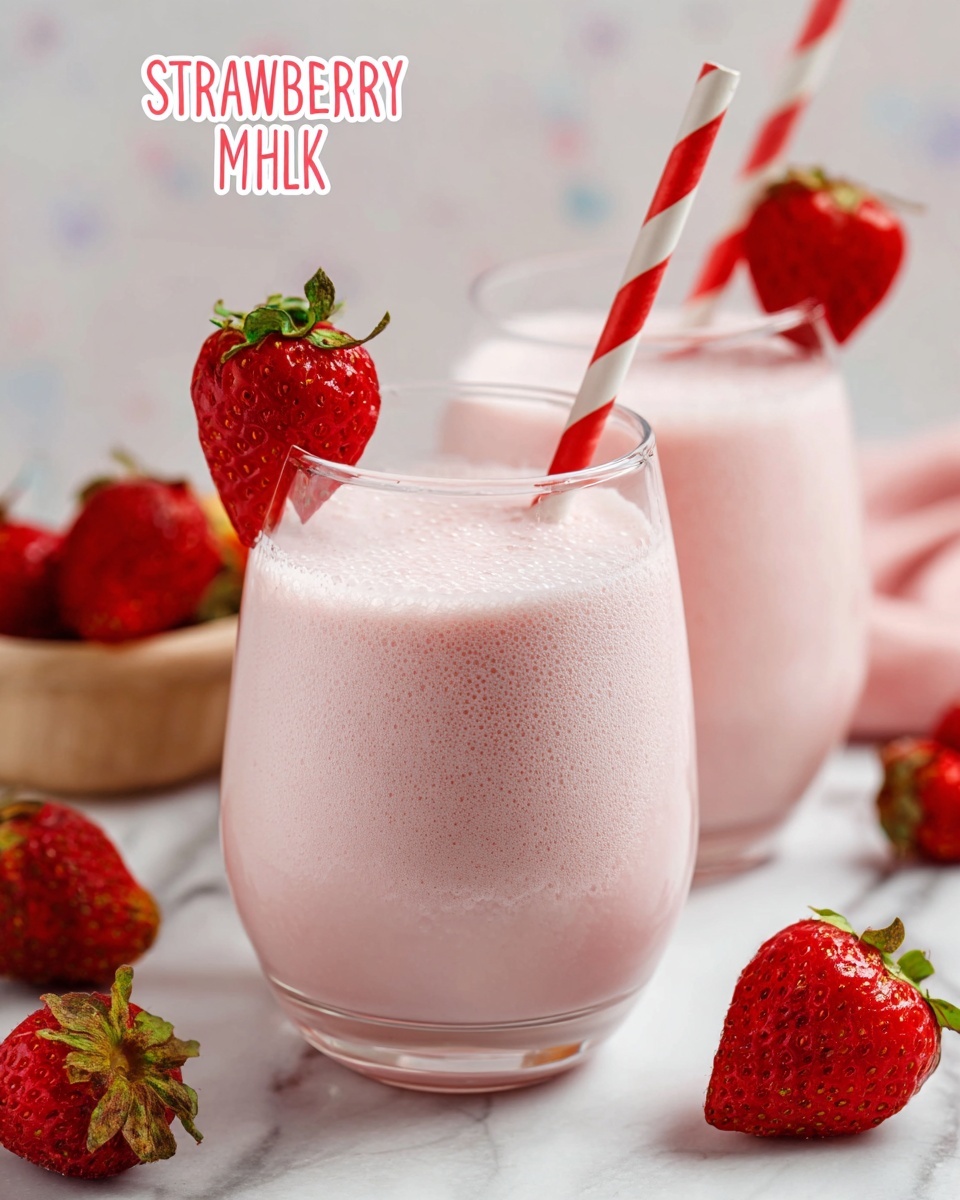Two clear round glasses each hold a light pink strawberry milkshake with a smooth and frothy texture on top. Each glass has a red and white striped straw placed in it. Fresh red strawberries with green tops are scattered around the glasses on a white marbled surface. The background is softly blurred with white tones. Photo taken with an iphone --ar 4:5 --v 7