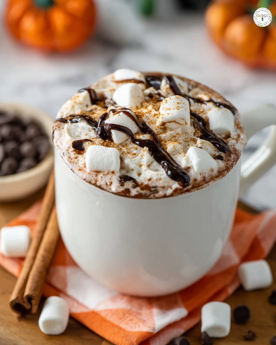 A top view image shows an arrangement of baking ingredients on a wooden table with a white marbled texture in the background. In the center is a large, clear glass bowl filled with many dark brown chocolate chips. Above it, a white plastic jug with a red cap sits firm. To the left of the jug, there are three small white bowls arranged vertically: the top holds a light brown powder, the middle one white sugar, and the bottom one dark brown cocoa powder. To the right of these is a small dark bottle with a white label, and beside it is a black measuring cup filled with bright orange pumpkin puree. Around these, cinnamon sticks, whole coffee beans, an orange and white checkered cloth, green leaves and a pinecone add decorative touches. The composition also includes two empty white cups on the top right and a cream-colored cloth at the bottom left, with a dark green small pumpkin on the bottom right. photo taken with an iphone --ar 4:5 --v 7