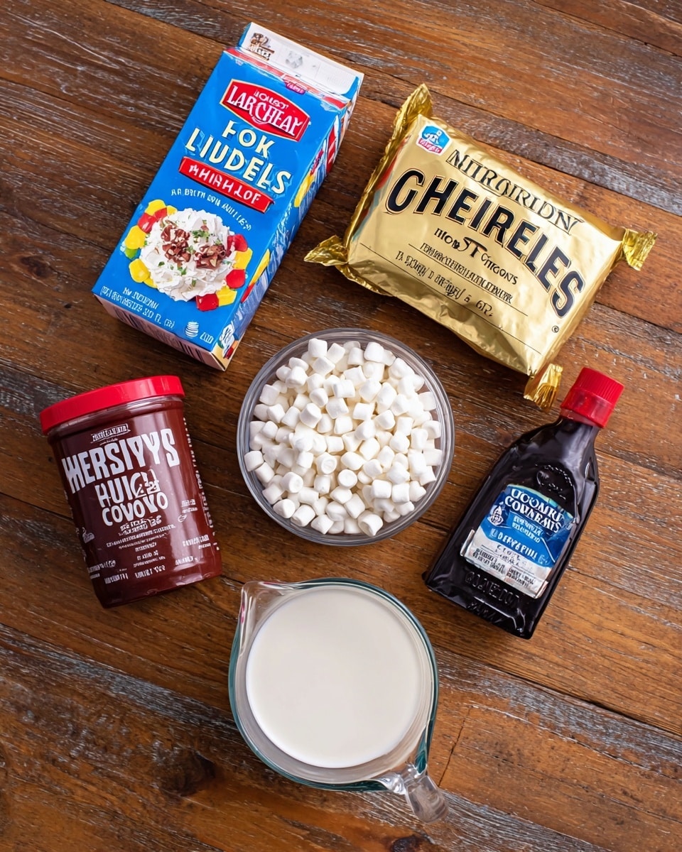 The image shows six baking ingredients arranged on a wood surface: a carton of Land O Lakes heavy whipping cream with a blue, yellow, red, and white design; a gold wrap of Ghirardelli semi-sweet chocolate chips with blue and white text; a small glass bowl filled with white mini marshmallows; a dark red container of Hershey's cocoa powder with white lettering; a small dark bottle of McCormick pure vanilla extract with a red cap and blue and red label; and a clear measuring cup filled with white cream. The items are laid out in a loose circle with the measuring cup at the bottom and the chocolate chips and cream carton at the top photo taken with an iphone --ar 4:5 --v 7