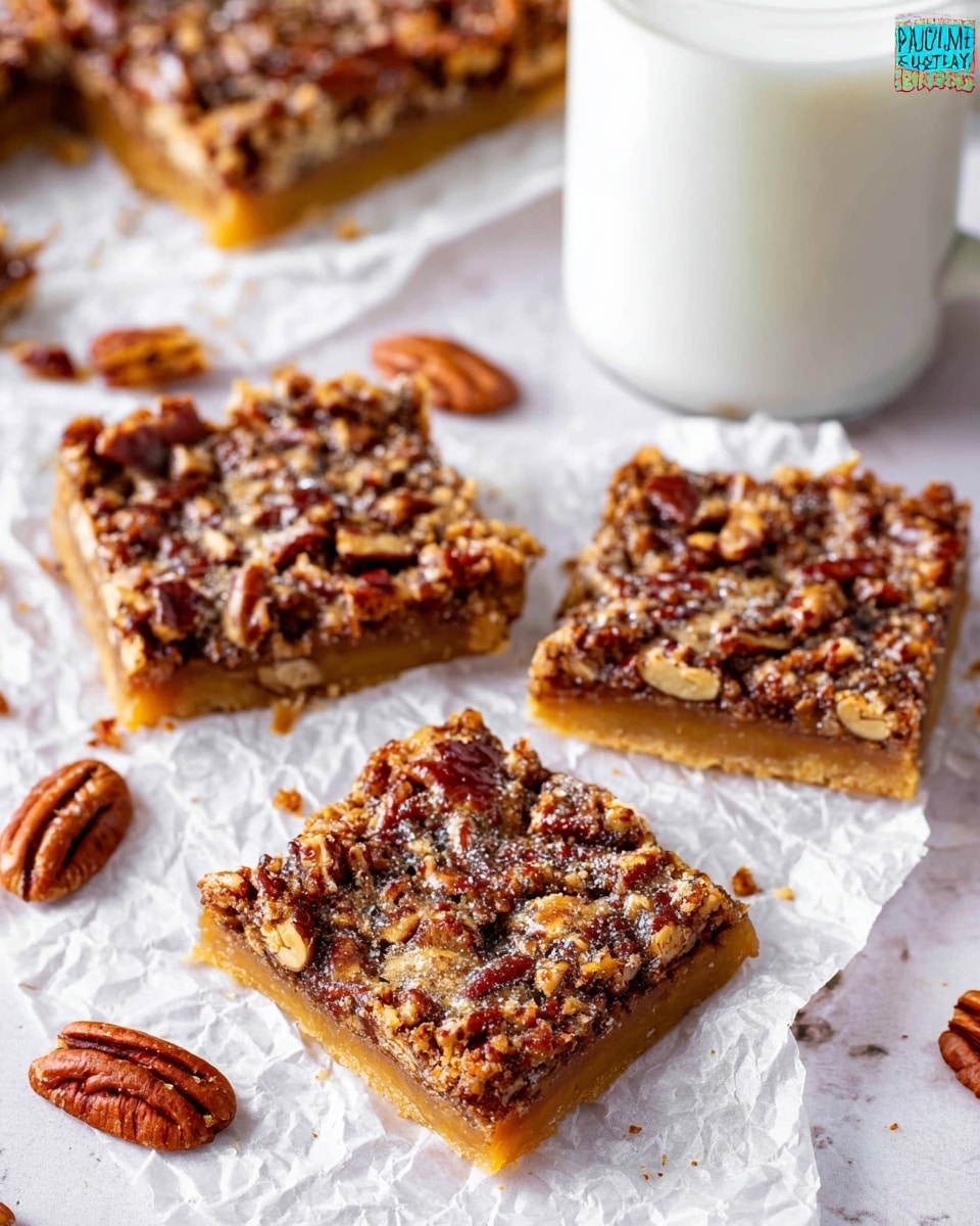 The image shows four square pecan bars placed on crinkled white paper over a white marbled surface. Each bar has two layers: a lighter golden brown base layer with a smooth texture, and a top layer covered in a dense, crunchy mix of chopped pecans and caramelized filling, creating a bumpy, textured look with shades of dark brown and caramel. Small pieces of pecans are scattered around the bars, and a white cup filled with milk is visible in the background. photo taken with an iphone --ar 4:5 --v 7