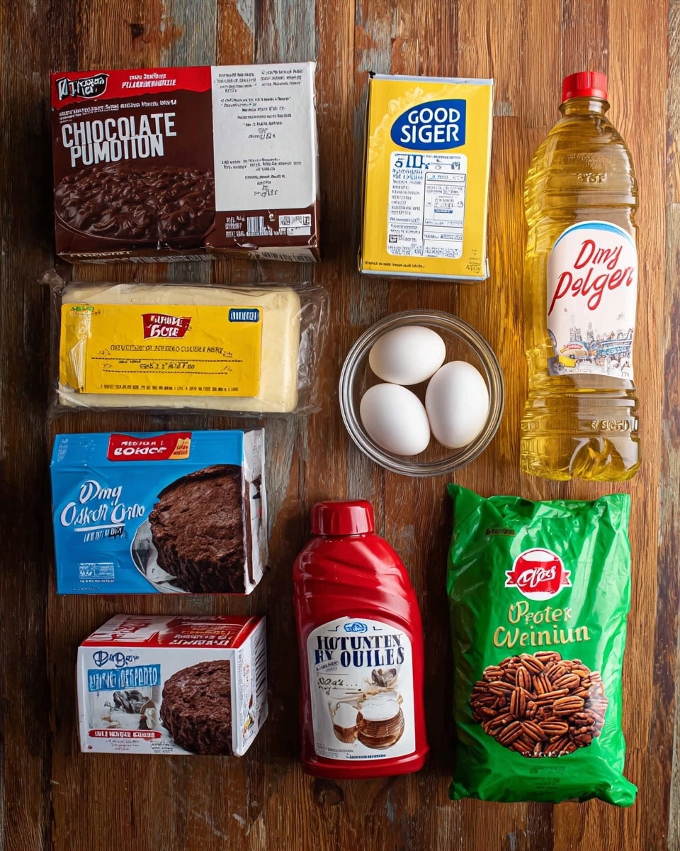 A collection of baking ingredients is neatly arranged on a wooden surface; the items include a box of chocolate pudding mix with dark brown and red colors, a light beige stick of salted butter, a small white bowl holding three white eggs, a box of yellow and white powdered sugar, a can of red Dr. Pepper soda, a large clear plastic bottle filled with yellow vegetable oil and a blue label, a red carton of heavy whipping cream, a brown package of cocoa powder, a red bottle of vanilla extract, and a green bag of chopped pecans showing brown nuts through a clear window. Photo taken with an iphone --ar 4:5 --v 7