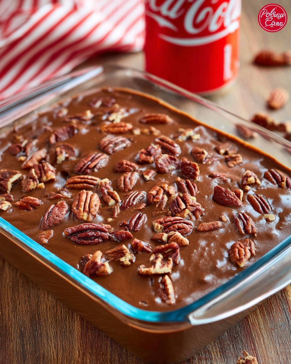 A clear rectangular glass dish filled with one thick, smooth layer of rich brown chocolate pudding, topped with a generous scattering of medium-sized, light reddish-brown pecan halves. The dish sits on a wooden surface with a red and white striped cloth partially visible on the left side and a red soda can blurred in the background. photo taken with an iphone --ar 4:5 --v 7