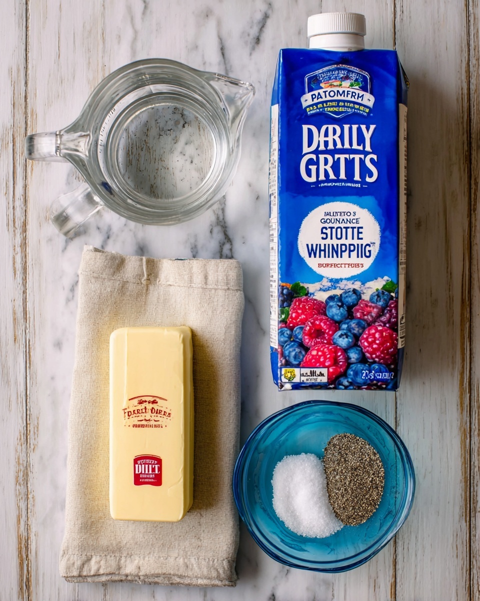 A top view of cooking ingredients arranged on a white marbled texture; from left to right, a clear glass measuring cup with a handle filled with water, a beige cloth bag labeled