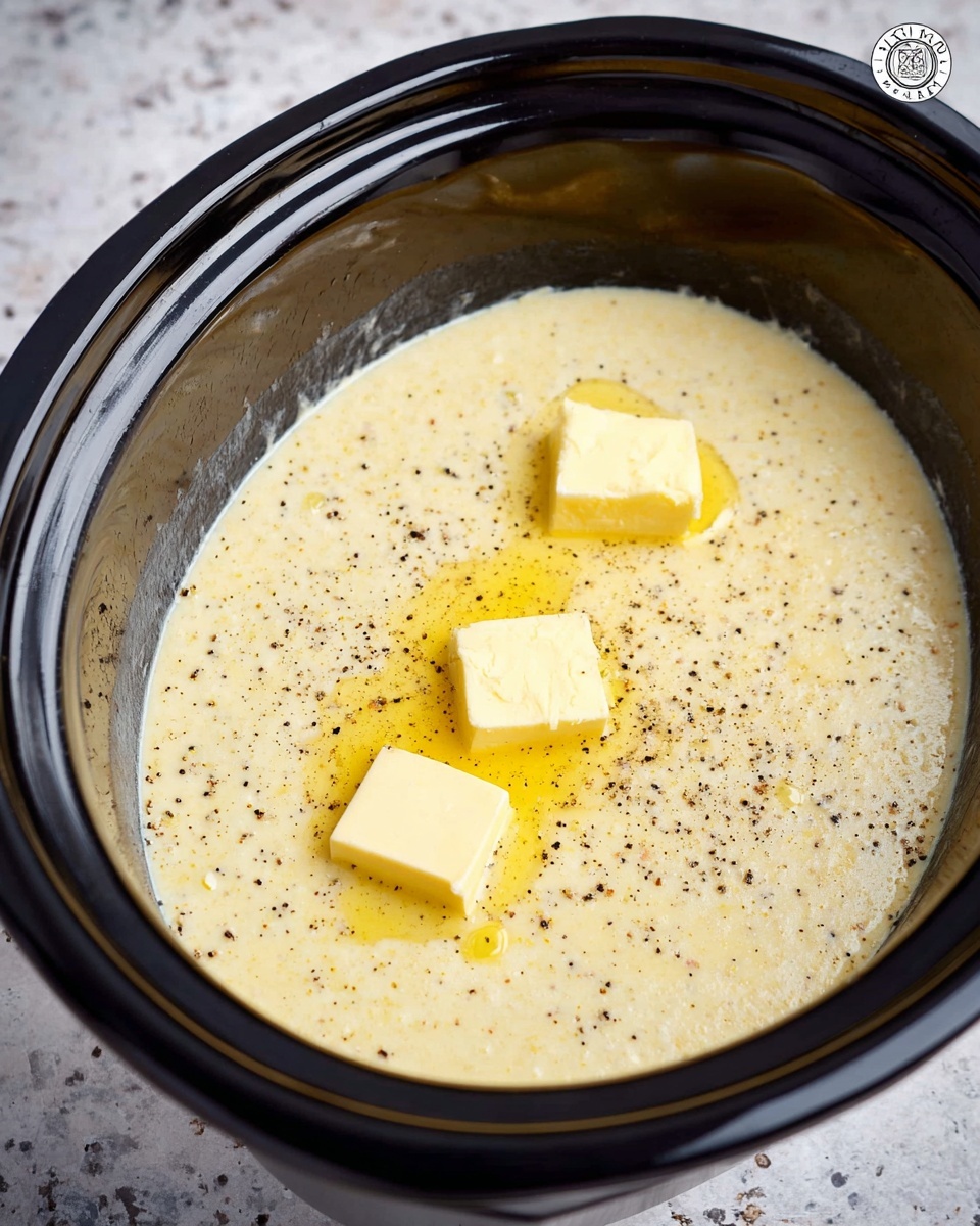 The image shows a black slow cooker filled with a creamy, light yellow mixture that looks smooth with some small texture. On top of this mixture are three small, square pats of butter that are melting slightly and have a shine from the yellow oil around them. There is also a sprinkle of black pepper evenly spread across the surface. The slow cooker has a rounded rim with a shiny texture. The background is a white marbled texture. photo taken with an iphone --ar 4:5 --v 7