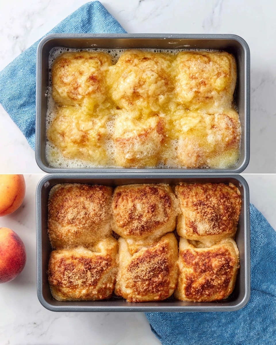 The image shows two side-by-side square baking pans with cooked rolled pastries inside. Each pan contains eight pastries arranged in two rows of four. In the left pan, the pastries have a shiny, melted yellow topping sprinkled with light brown powder, surrounded by bubbling liquid. The right pan shows the same pastries browned and crispy on top with a rough texture from the baking process. Both pans rest on a white marbled surface with a blue cloth and a peach visible nearby. photo taken with an iphone --ar 4:5 --v 7