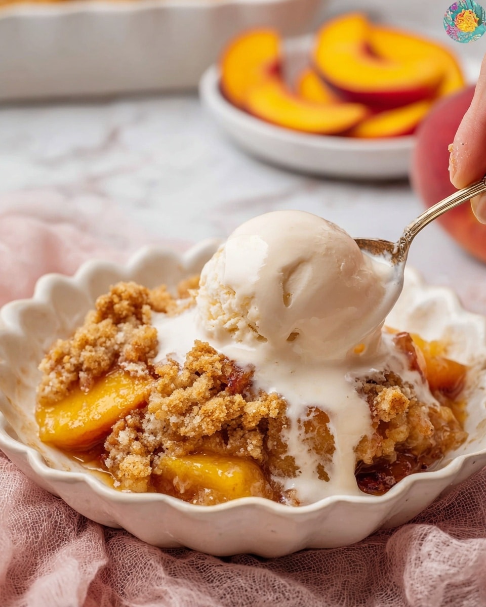 The image shows six whole ripe peaches with a mix of orange, red, and yellow colors, placed loosely on a white marbled surface. Below the peaches, from left to right, there is a clear glass jar filled with brown cinnamon powder, a stick of unsalted butter in yellow wrapping, a small white bowl filled with brown sugar, and a blue box of Pillsbury Moist Supreme creamy vanilla cake mix with a picture of a two-layer yellow cake with white frosting on the front. The items are neatly arranged for a clean and bright presentation. Photo taken with an iphone --ar 4:5 --v 7