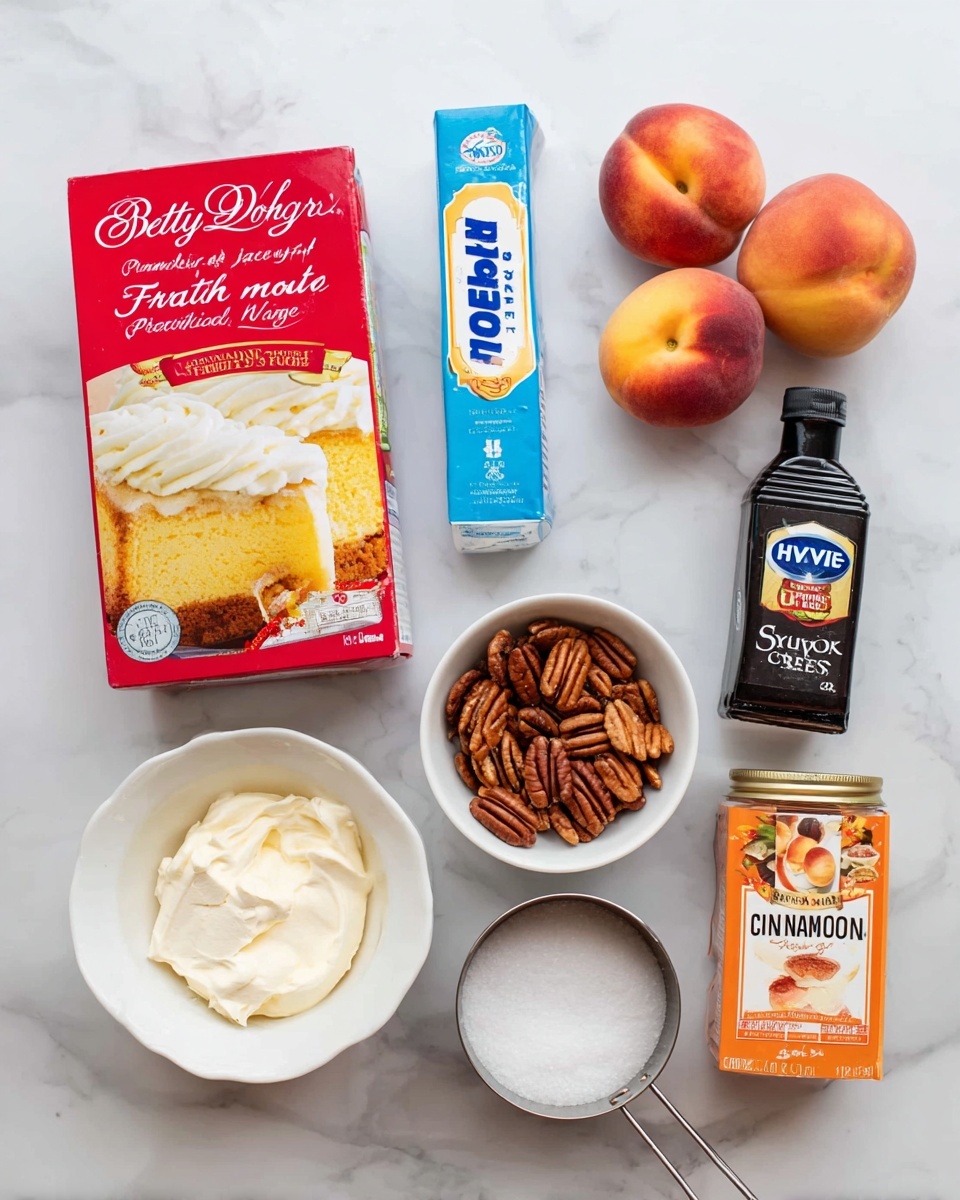 A collection of baking ingredients arranged neatly on a white marbled surface: a red box of Betty Crocker Delights Super Moist French Vanilla cake mix with an image of yellow cake and white frosting on the front; four fresh peaches with reddish-orange skin grouped near the top right; a white stick of unsalted butter with orange text; a blue and white box of Hy-Vee cream cheese; a small black bottle of Hy-Vee vanilla extract; a white bowl filled with pecan halves; a clear glass jar labeled