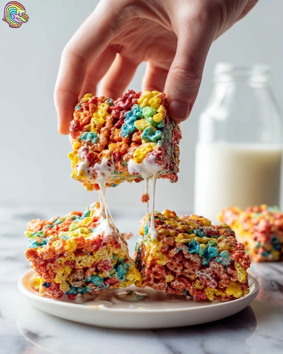 A close-up view of two colorful cereal treats made of bright, multicolored fruity cereal pieces stuck together with melted white marshmallow. A woman's hand pulls one treat apart from the other, stretching soft, gooey white marshmallow strands between them. The treats have an uneven, chunky texture with vibrant reds, greens, blues, yellows, and oranges spread throughout. In the background, a white plate holds more treats, sitting on a white marbled surface, alongside a glass bottle of milk. The lighting is bright and crisp, emphasizing the vivid colors and the sticky texture of the treats photo taken with an iphone --ar 4:5 --v 7