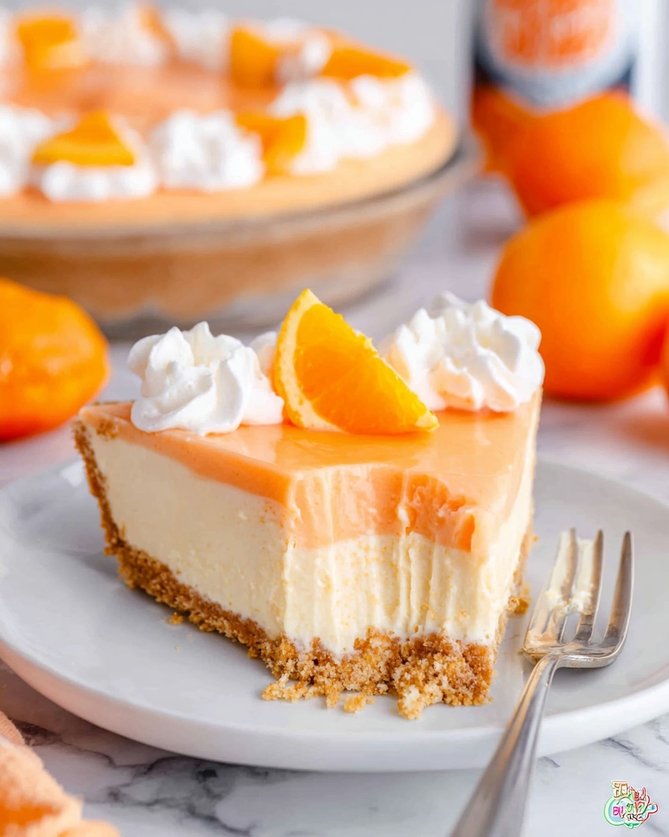 A slice of creamy orange pie with three layers is placed on a white plate with a white marbled surface underneath. The bottom layer is a light brown crumbly crust, the middle layer is smooth pale orange filling, and the top layer is light and creamy with a slightly glossy finish. The slice is decorated with small dollops of white whipped cream around the edge, and a small triangular orange fruit piece sits on top of the slice. A silver fork with a bite of the pie, showing all three layers, rests beside the slice on the plate. In the blurred background, a whole pie with the same orange and whipped cream decoration and a few whole oranges are visible. Photo taken with an iphone --ar 4:5 --v 7