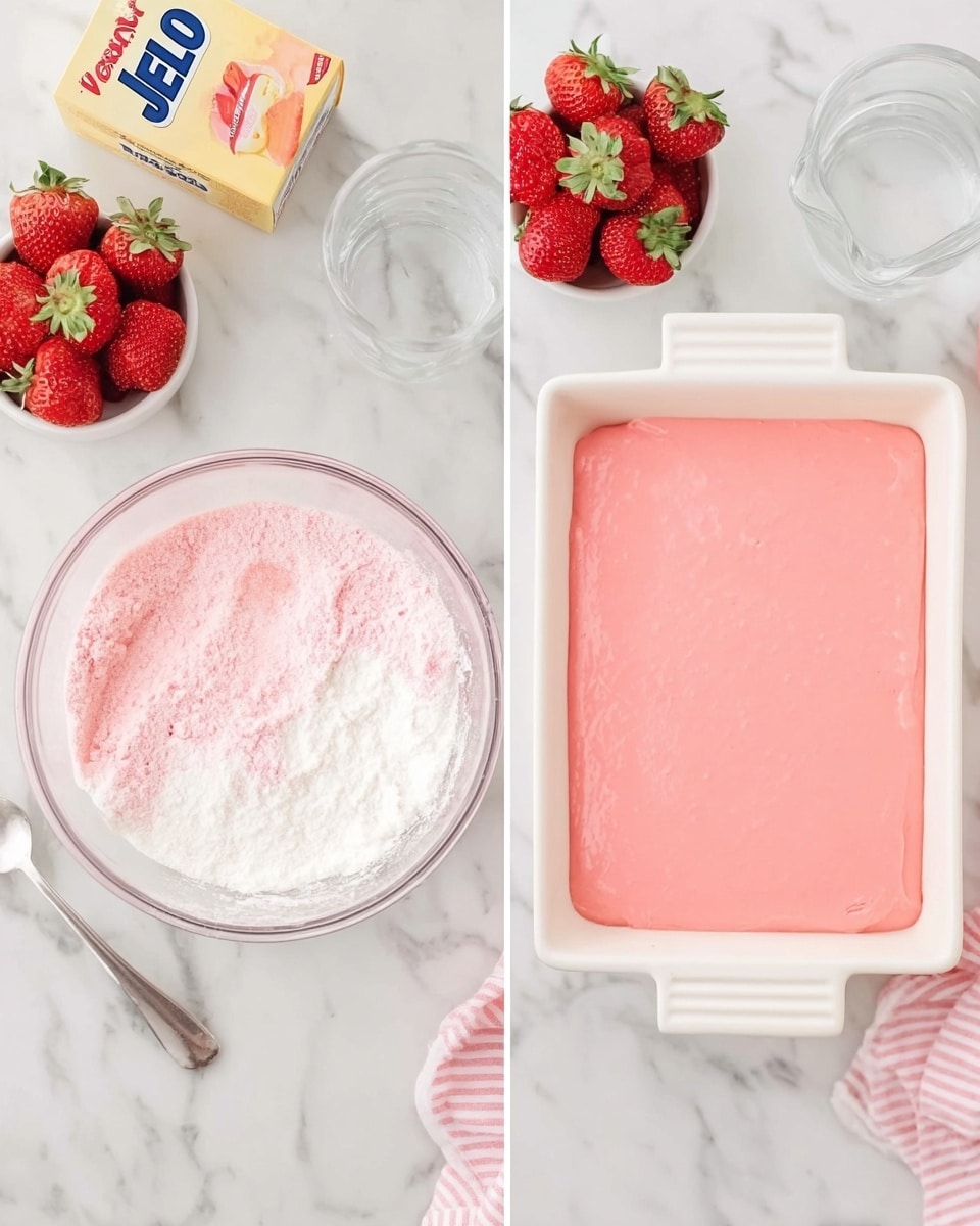 The image is split into two parts; on the left side, there is a clear glass bowl with pink and white powder ingredients partially mixed, showing a soft pink and white texture inside. Surrounding the bowl on the white marbled surface are a group of fresh red strawberries with green tops in a white bowl, a box of vanilla Jello, and a clear measuring cup filled with liquid. On the right side, a white rectangular ceramic dish holds a smooth, even layer of bright pink cake batter spread out flat. The scene includes a soft pink and white striped cloth near the bottom right corner, and everything is arranged neatly on the white marbled tabletop. Photo taken with an iphone --ar 4:5 --v 7