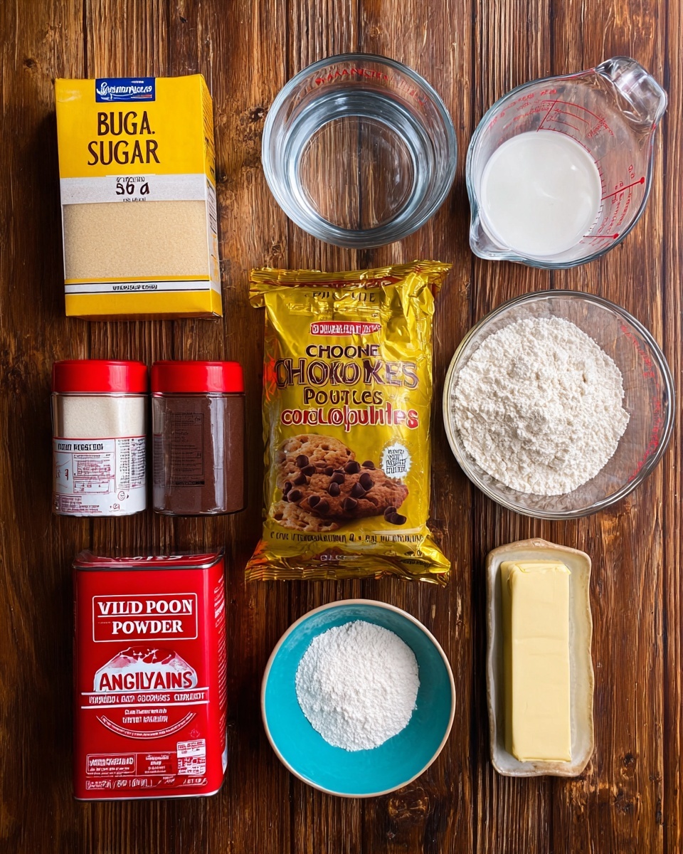 The image shows a flat top-down view of various baking ingredients arranged neatly on a wooden surface. At the top left is a rectangular box of light brown sugar with yellow and white packaging. To its right is a clear glass measuring cup filled with water, next to a small round bowl full of white granulated sugar. Below these is a shiny golden yellow bag of semi-sweet chocolate chips with images of chocolate chip cookies on it. Beneath the bag, there is a dark brown container of cocoa powder, a red container of baking powder, and a tall red and white box of vanilla extract. On the bottom left is a clear glass bowl filled with white flour. To the right of the flour, there is a small blue-green dish with white salt, a glass measuring cup filled with milk, and a stick of butter wrapped in yellow paper. The surface under all the items is wooden with a visible grain pattern. photo taken with an iphone --ar 4:5 --v 7