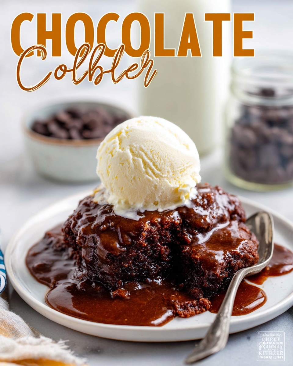 A white plate holds a rich chocolate cobbler with three thick, uneven pieces layered together, soaked in a dark, shiny chocolate sauce that spreads across the plate. On top of the cobbler, there is one large scoop of smooth white vanilla ice cream that slightly melts onto the chocolate. The plate sits on a white marbled surface. In the background, there is a blurry white jar with milk and another jar holding chocolate chips. Large text in brown and orange reading