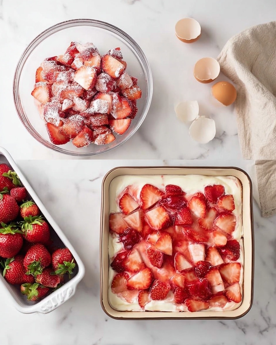 The image shows two parts of a strawberry dessert preparation on a white marbled surface. On the left, a clear glass bowl contains sliced strawberries covered lightly with white powder, showing a red and soft texture. Above this bowl, a white container is filled with whole strawberries, bright red with green tops, and some empty eggshells rest on a beige cloth. On the right, a square white baking dish lined with parchment paper holds a thick white creamy layer at the bottom. On top, the sliced strawberries from the bowl are spread evenly, creating a second red layer with a soft and slightly frosted look. The background is clean and bright. Photo taken with an iphone --ar 4:5 --v 7